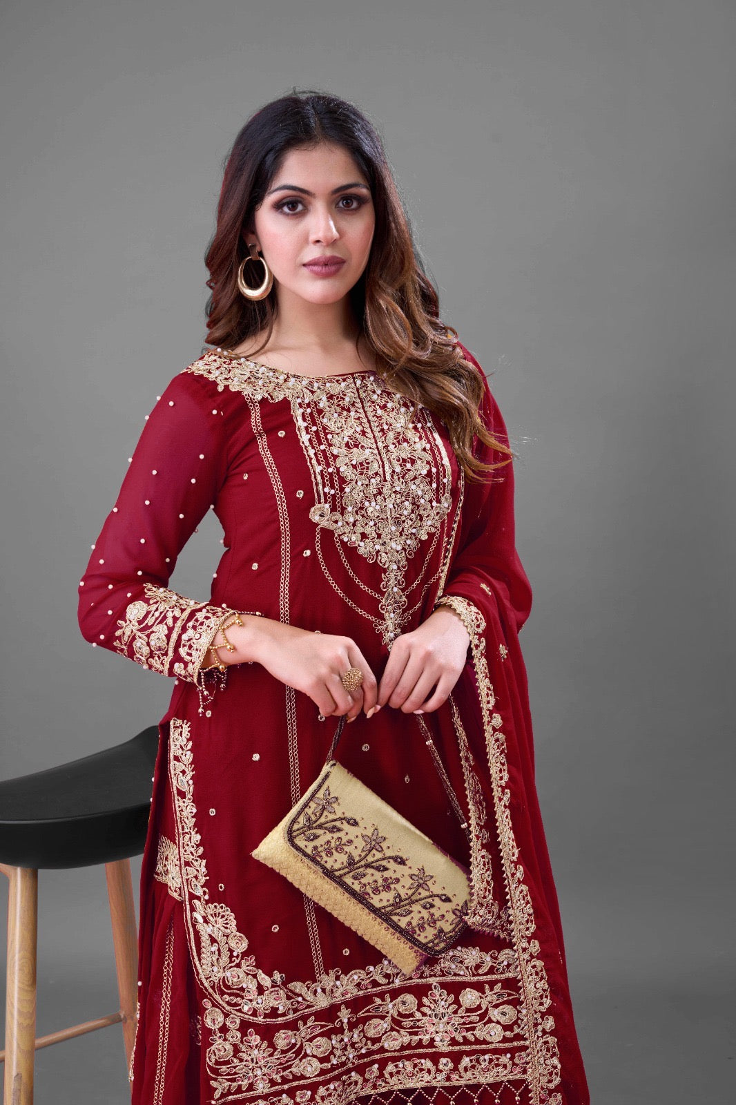 Maroon Elegant Heavy Faux Georgette Embroidered Palazzo Suit with Dupatta – Ready to Wear