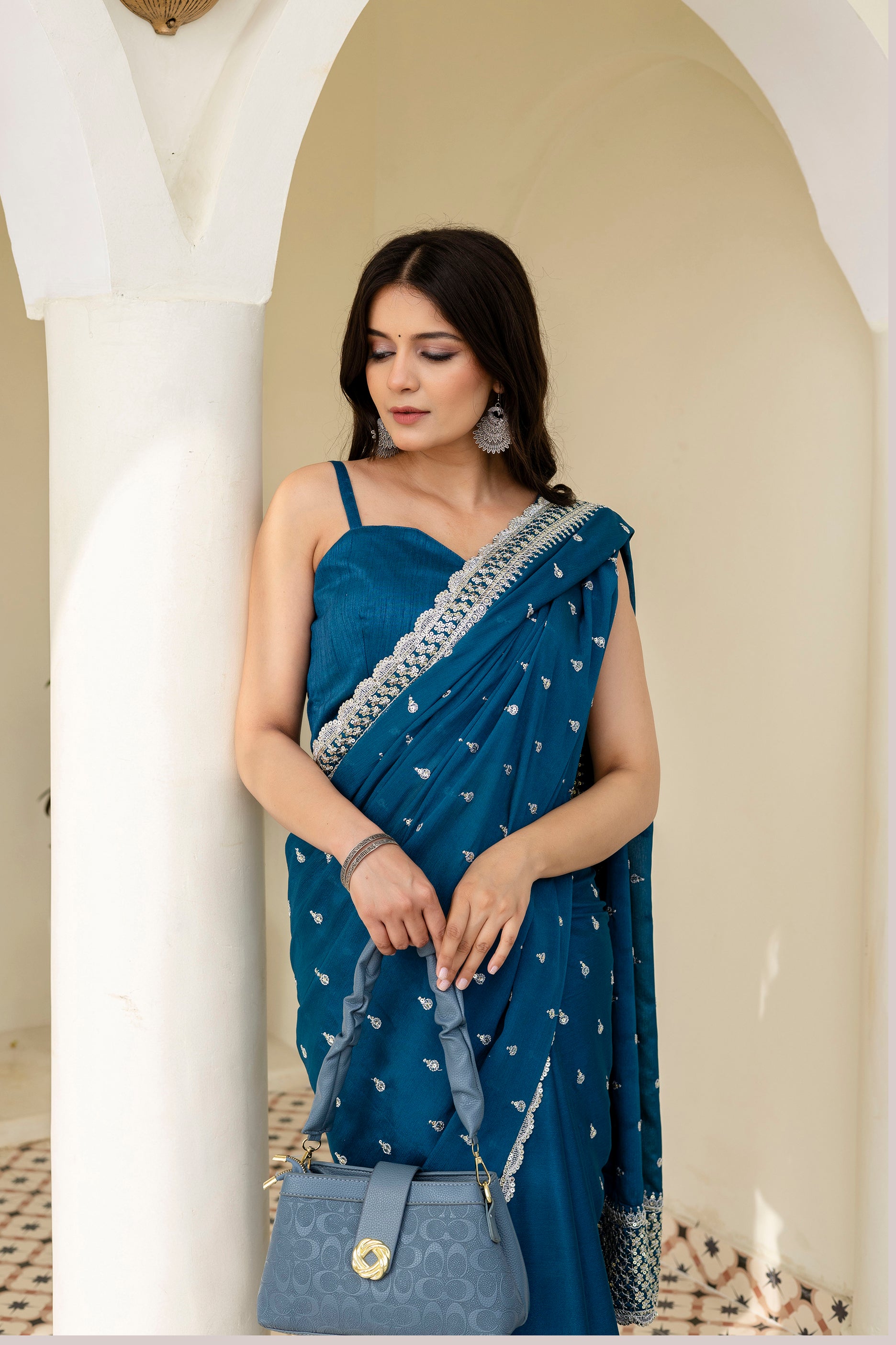 Chinon Saree with Zari, Dori & 4mm Sequins Work with Bangalori Silk Blouse