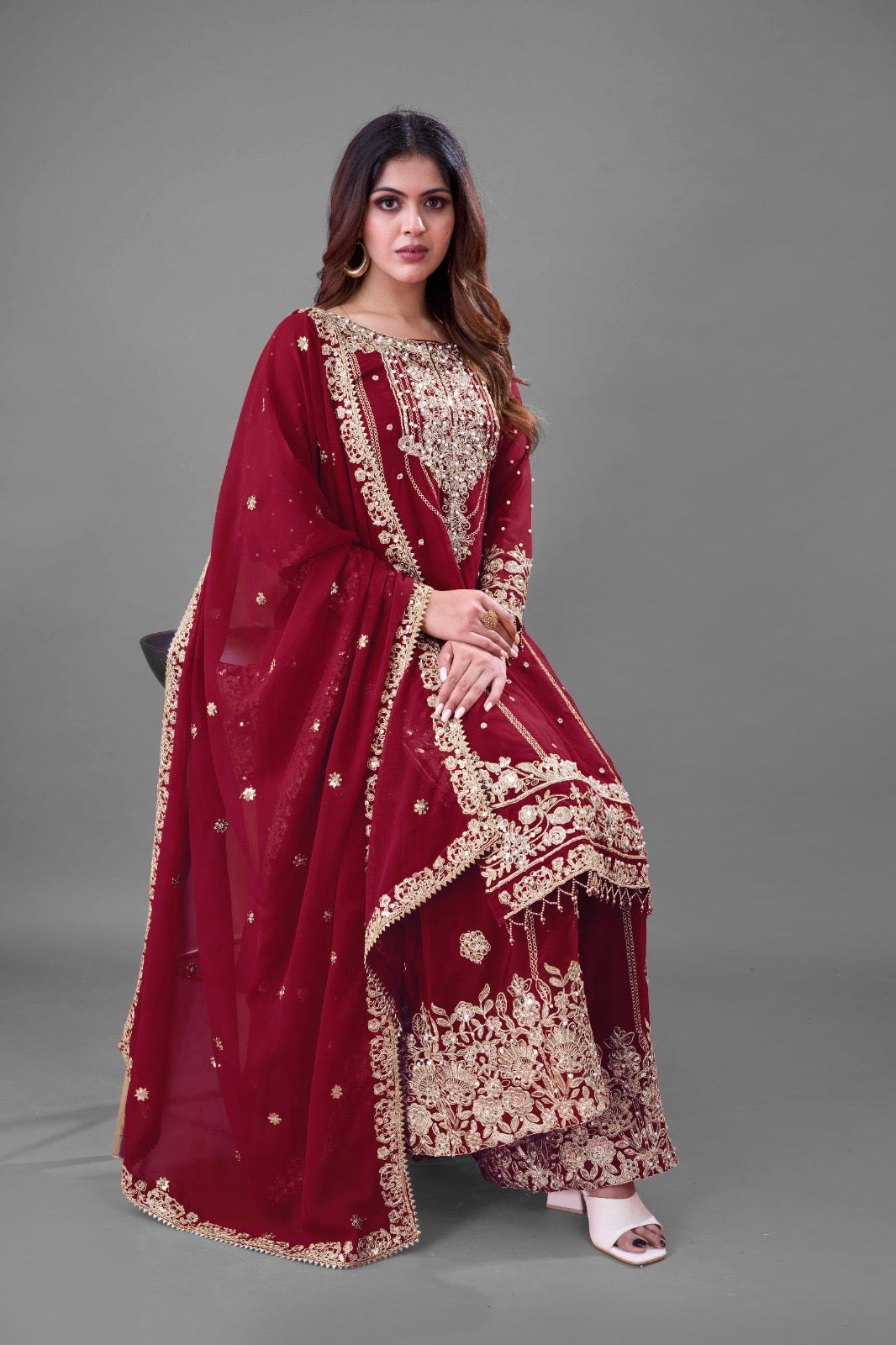 Maroon Elegant Heavy Faux Georgette Embroidered Palazzo Suit with Dupatta – Ready to Wear