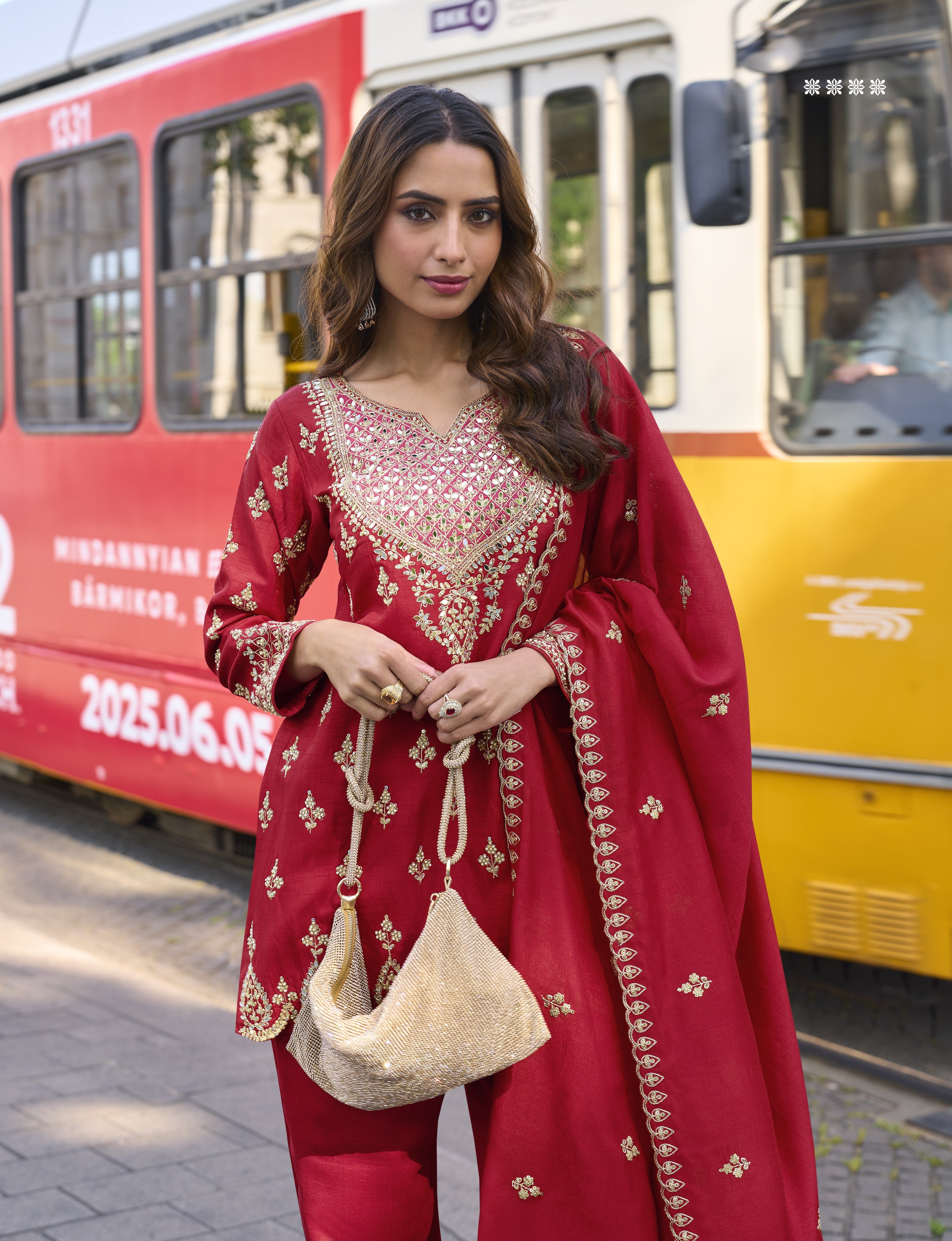Red Premium Simar Silk Embroidered Suit Set with Mirror Work