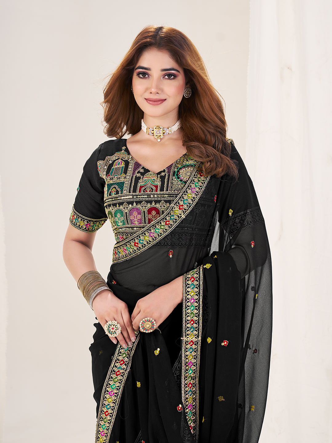 Georgette Silk Saree with Multi-Tone Embroidery Work – Supreme Quality