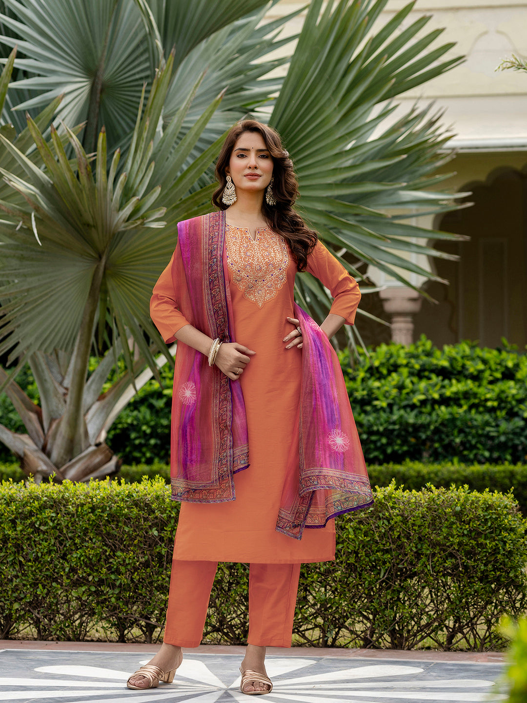 Women’s Orange Rayon Embroidered Straight Kurta with Rayon Pant & Taby Printed Dupatta Set