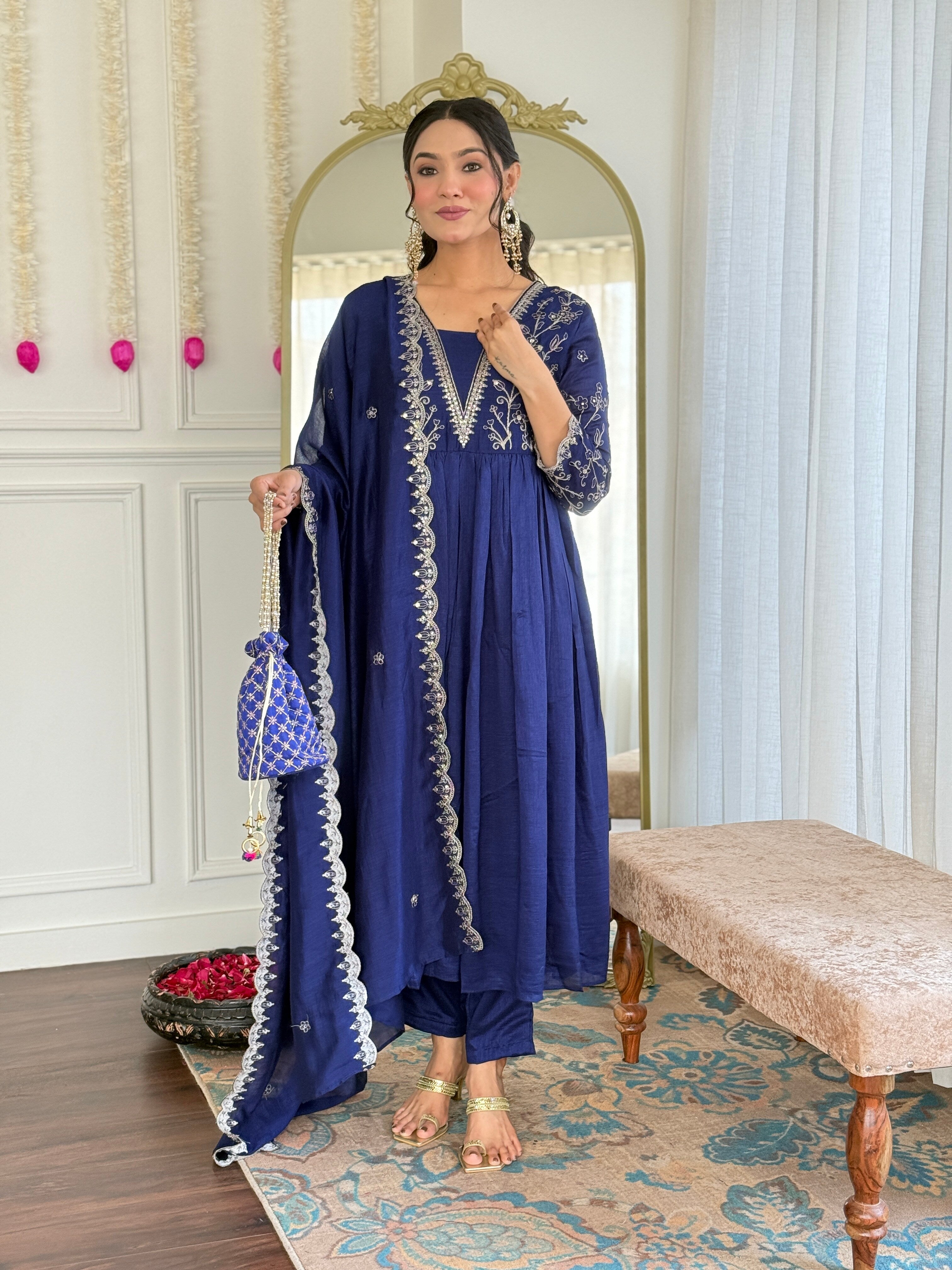 Women’s Blue Vichitra Silk Embroidered Flared Kurta with Rayon Pant & Vichitra Silk Dupatta Set