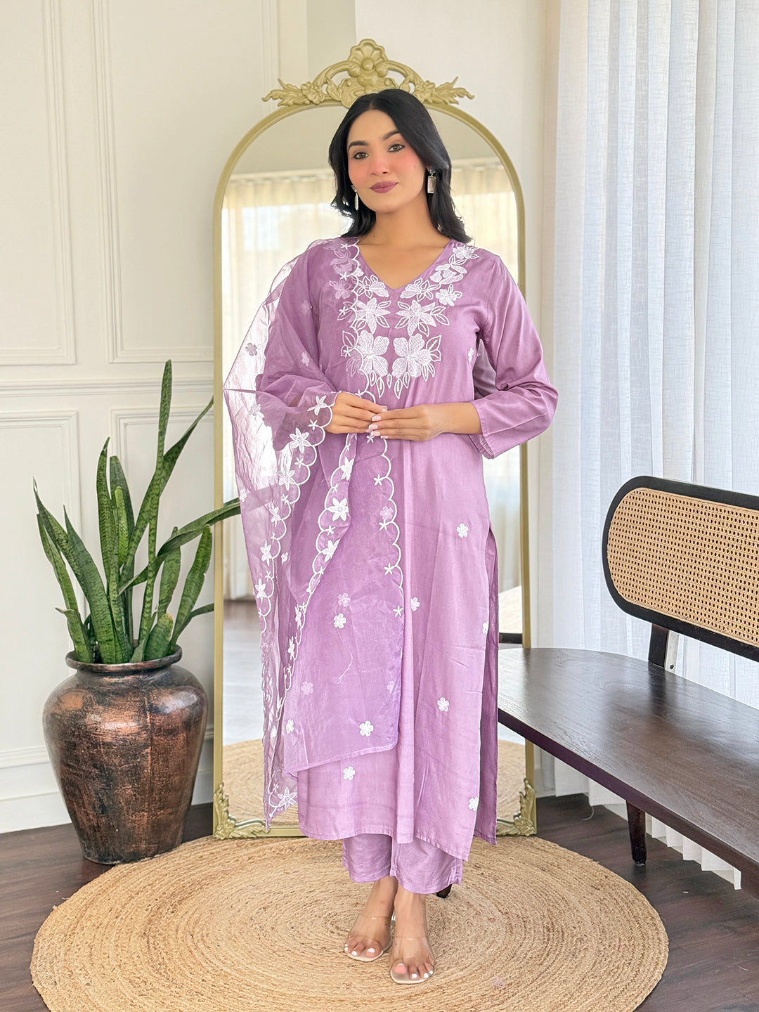 Women’s Lavender Rayon Embroidered Straight Kurta with Rayon Pant & Organza Dupatta Set