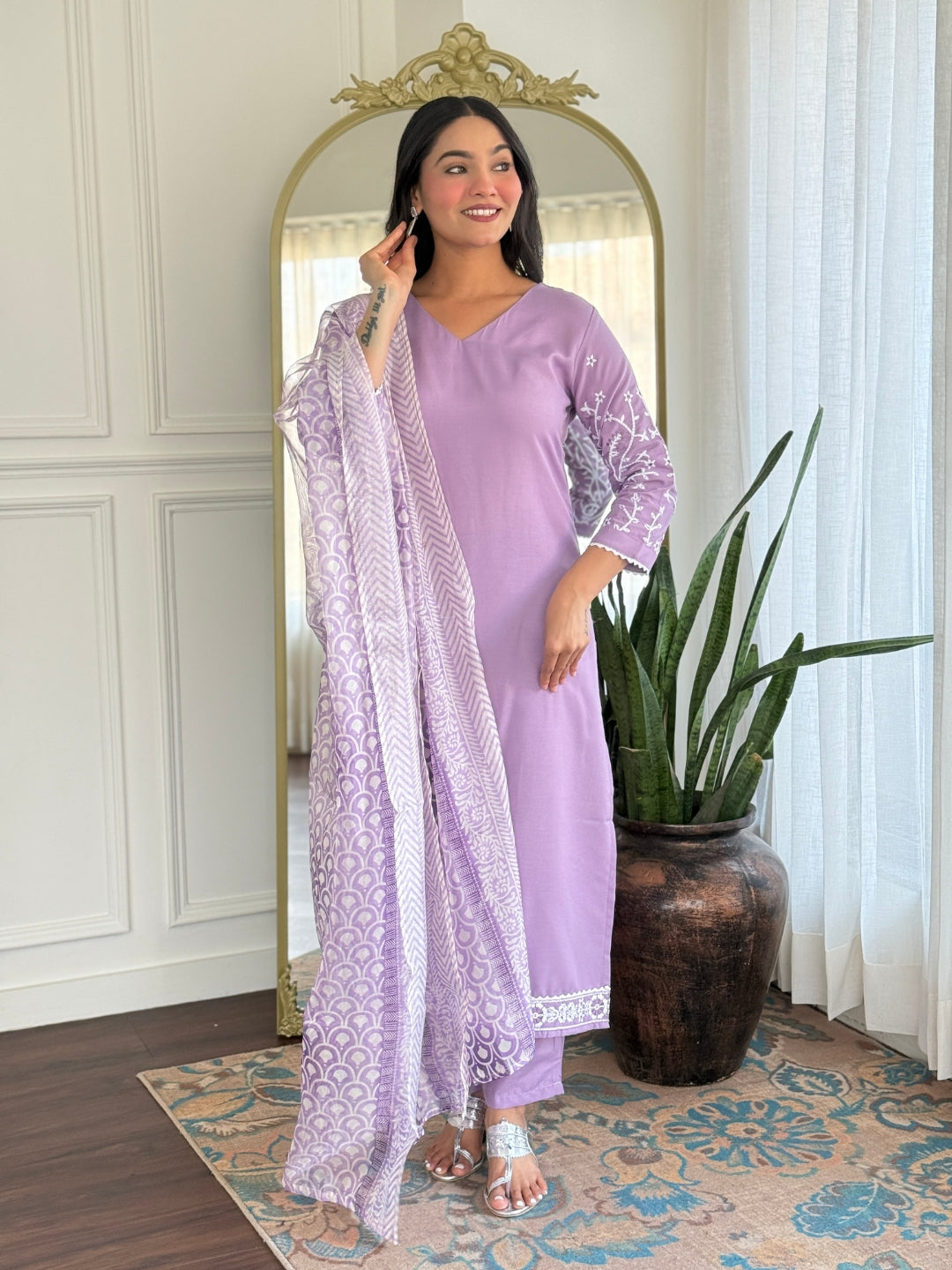 Lavender Rayon Embroidered Kurta Set with Rayon Pant & Printed Dupatta – Party & Festive Wear