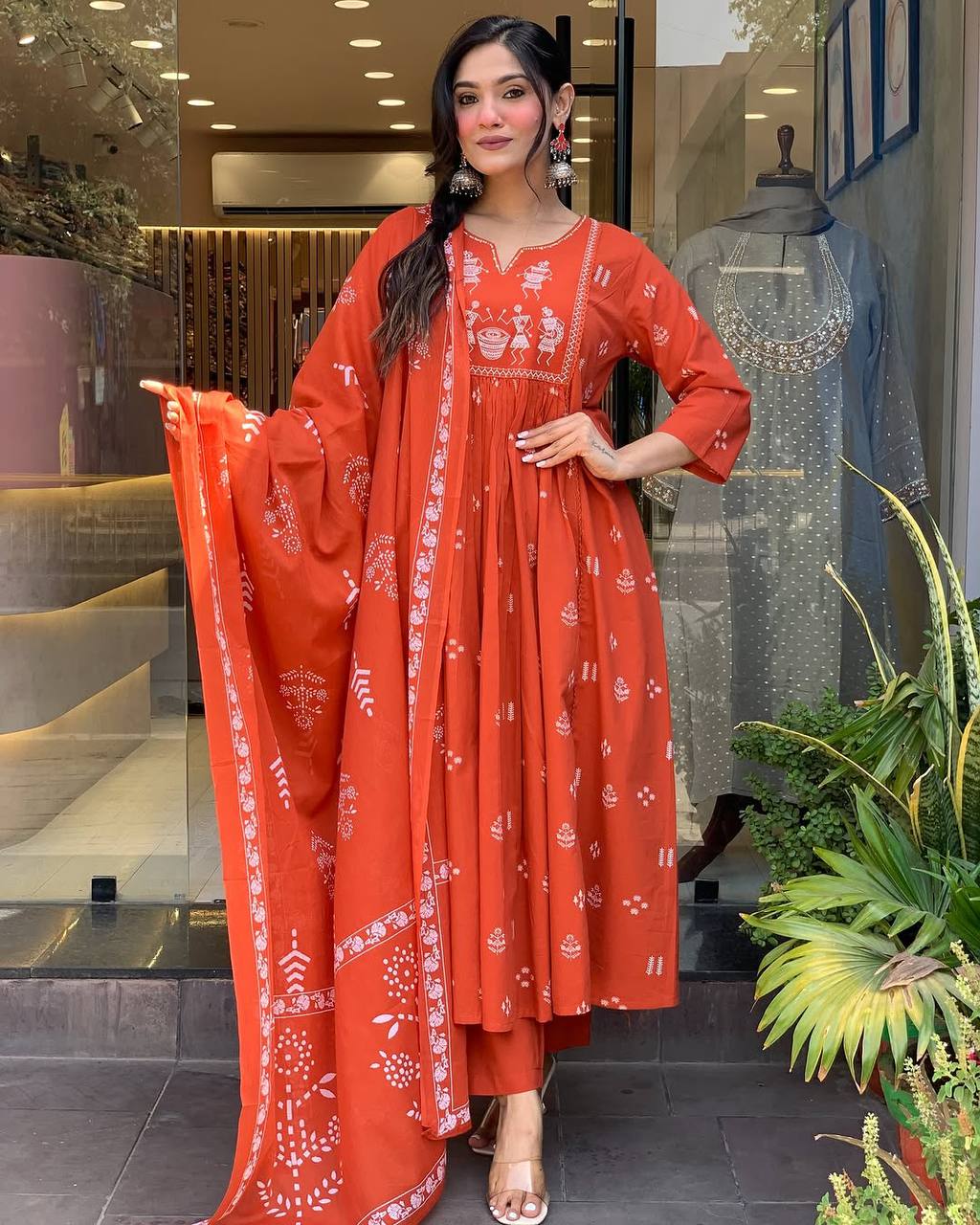 Orange Cotton Kurti Set with Embroidery, Stitched Bottom & Printed Dupatta – Festive & Casual Wear