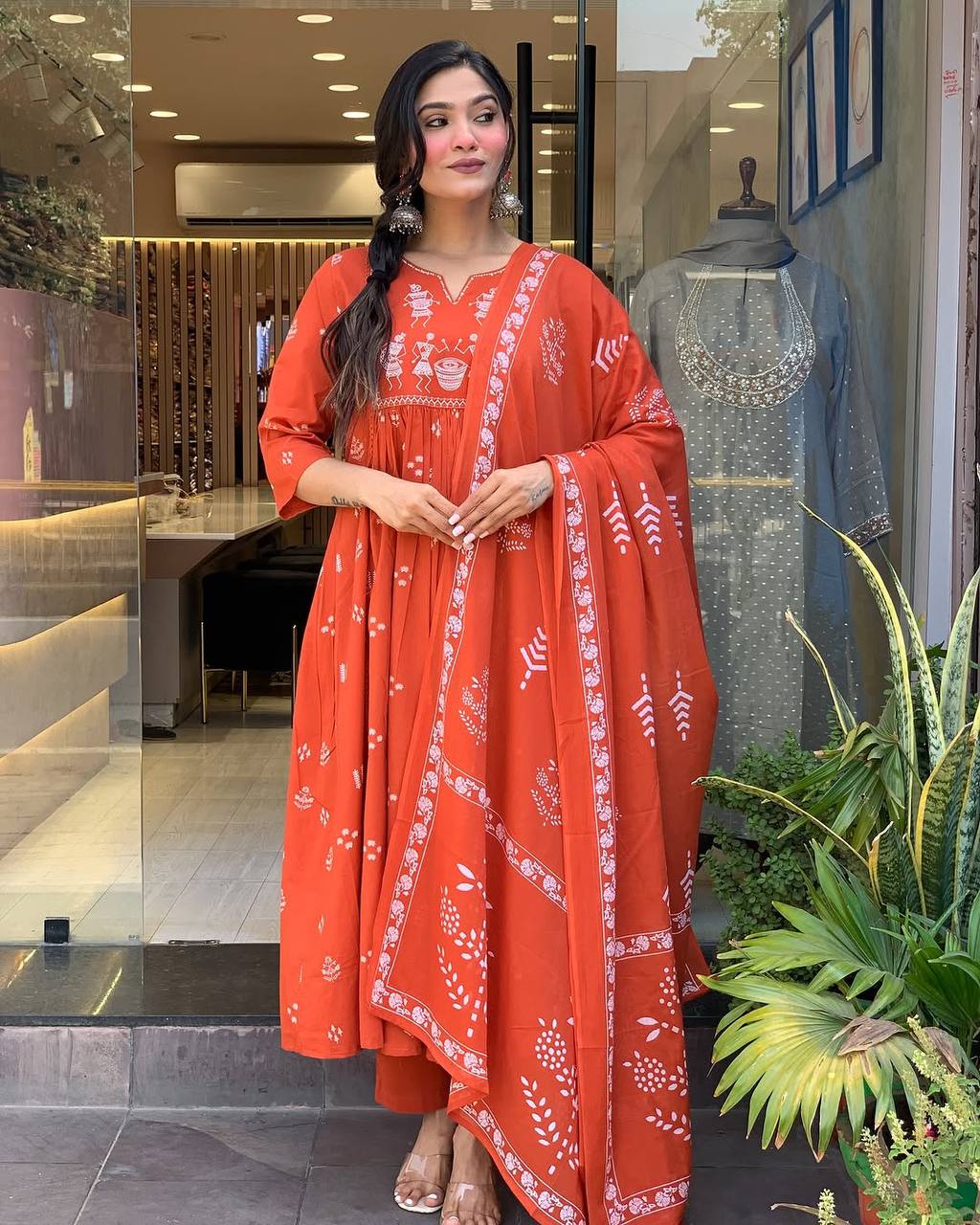 Orange Cotton Kurti Set with Embroidery, Stitched Bottom & Printed Dupatta – Festive & Casual Wear