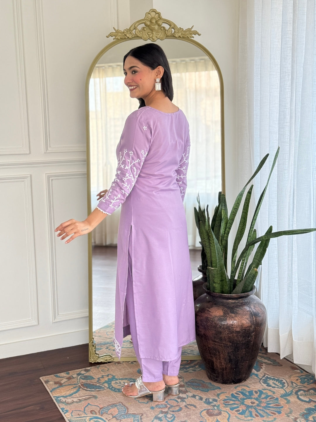 Lavender Rayon Embroidered Kurta Set with Rayon Pant & Printed Dupatta – Party & Festive Wear