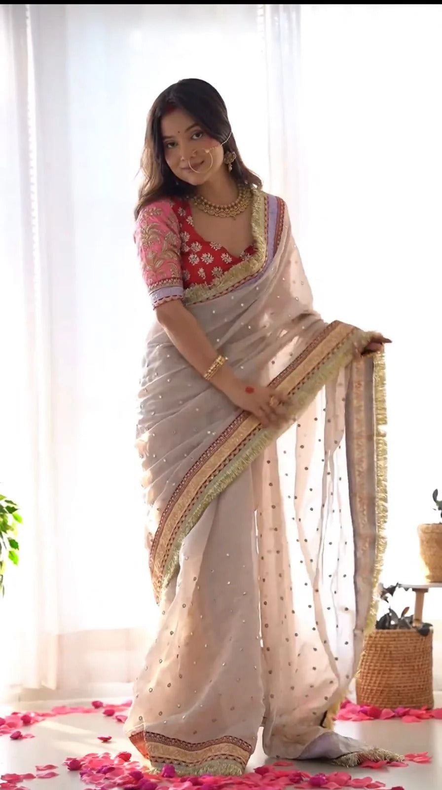 Luxurious Jimmy Choo Saree with Multi-Sized Sequins, Zari & Dori Work