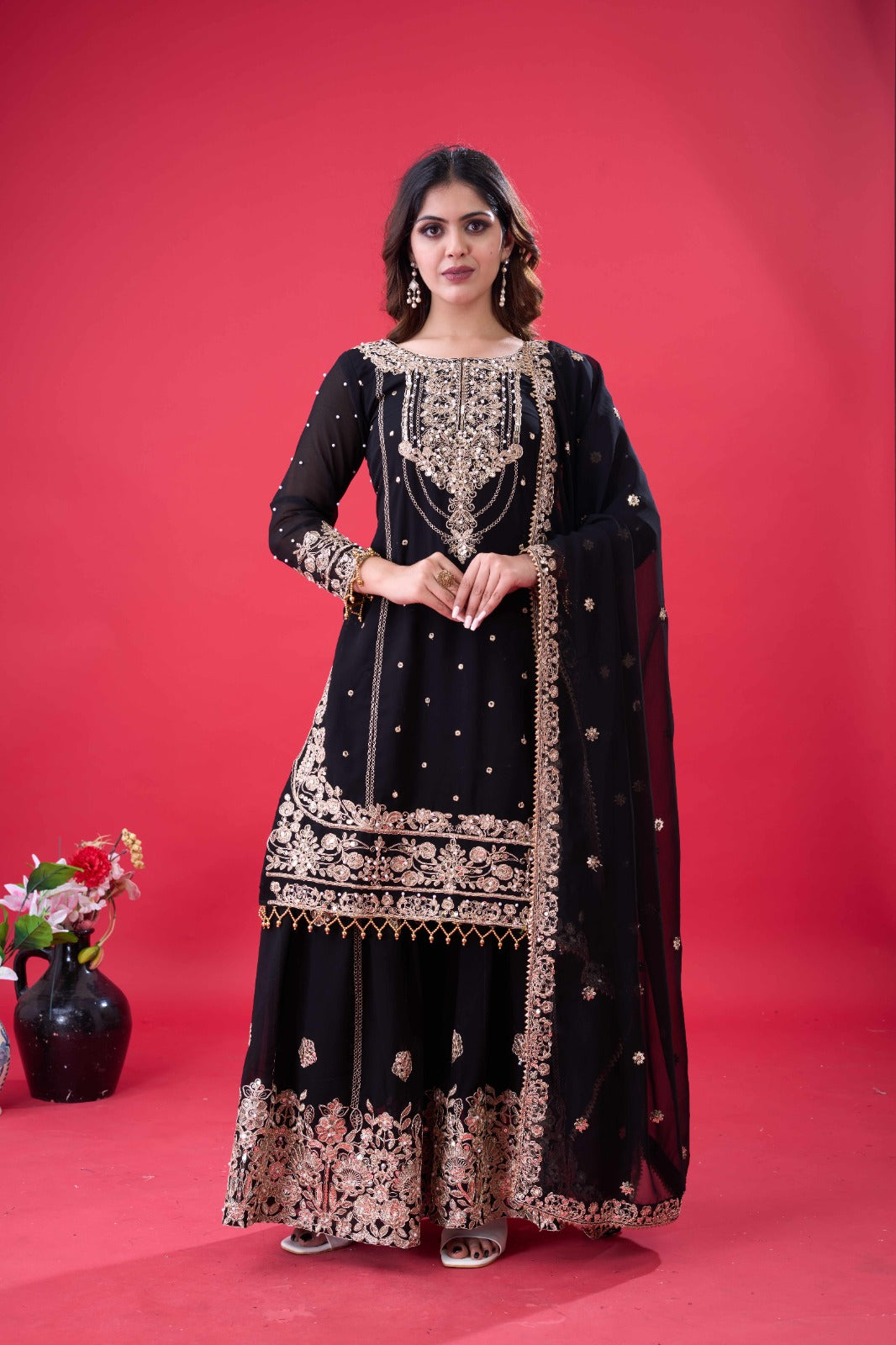 Designer Heavy Faux Georgette Embroidered Palazzo Suit with Dupatta – Ready to Wear