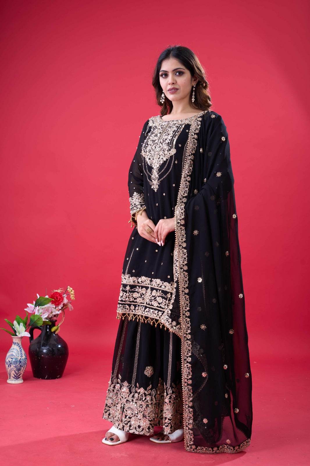Designer Heavy Faux Georgette Embroidered Palazzo Suit with Dupatta – Ready to Wear