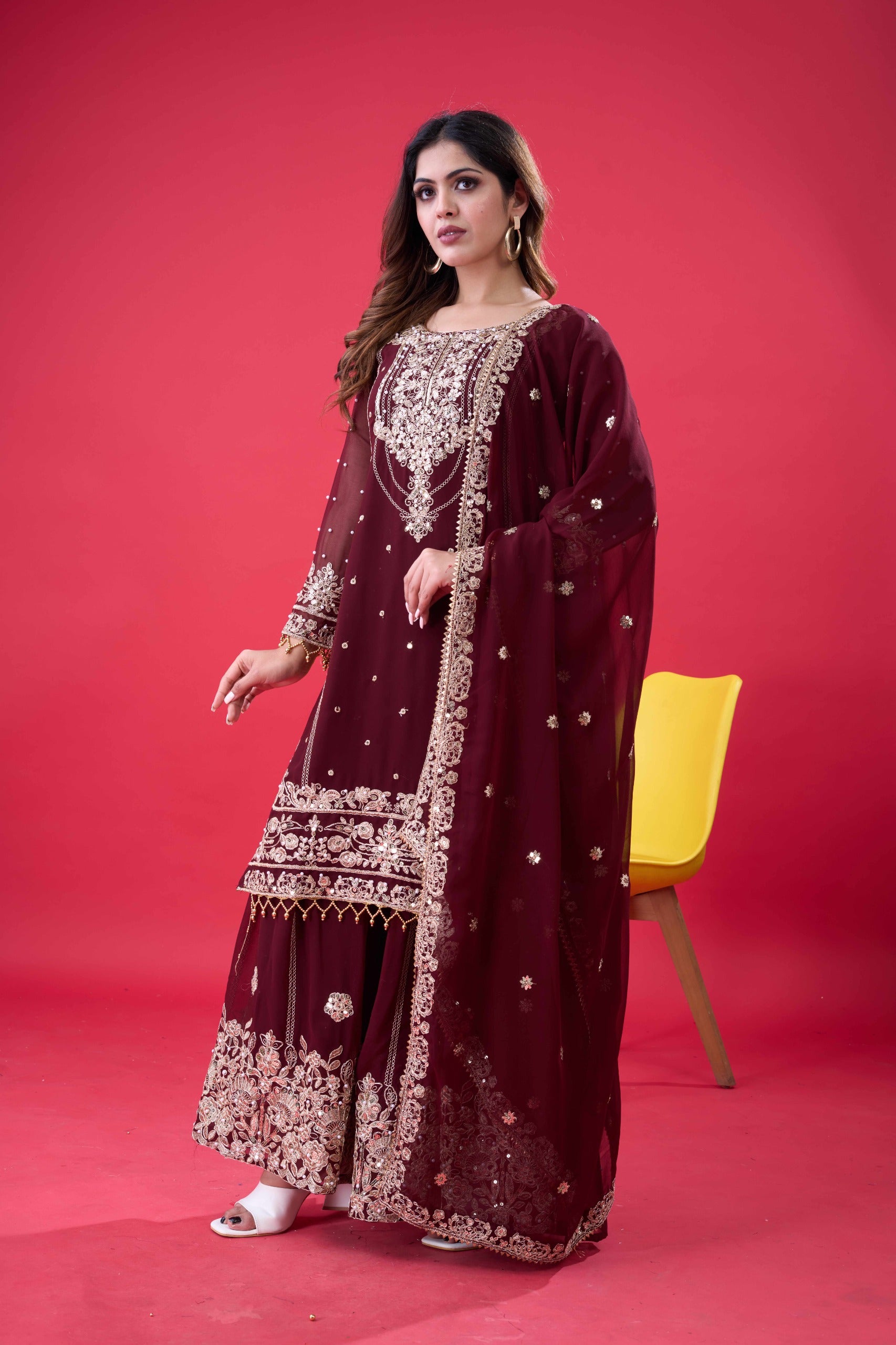 Designer Heavy Faux Georgette Embroidered Palazzo Suit Set with Dupatta – Ready to Wear