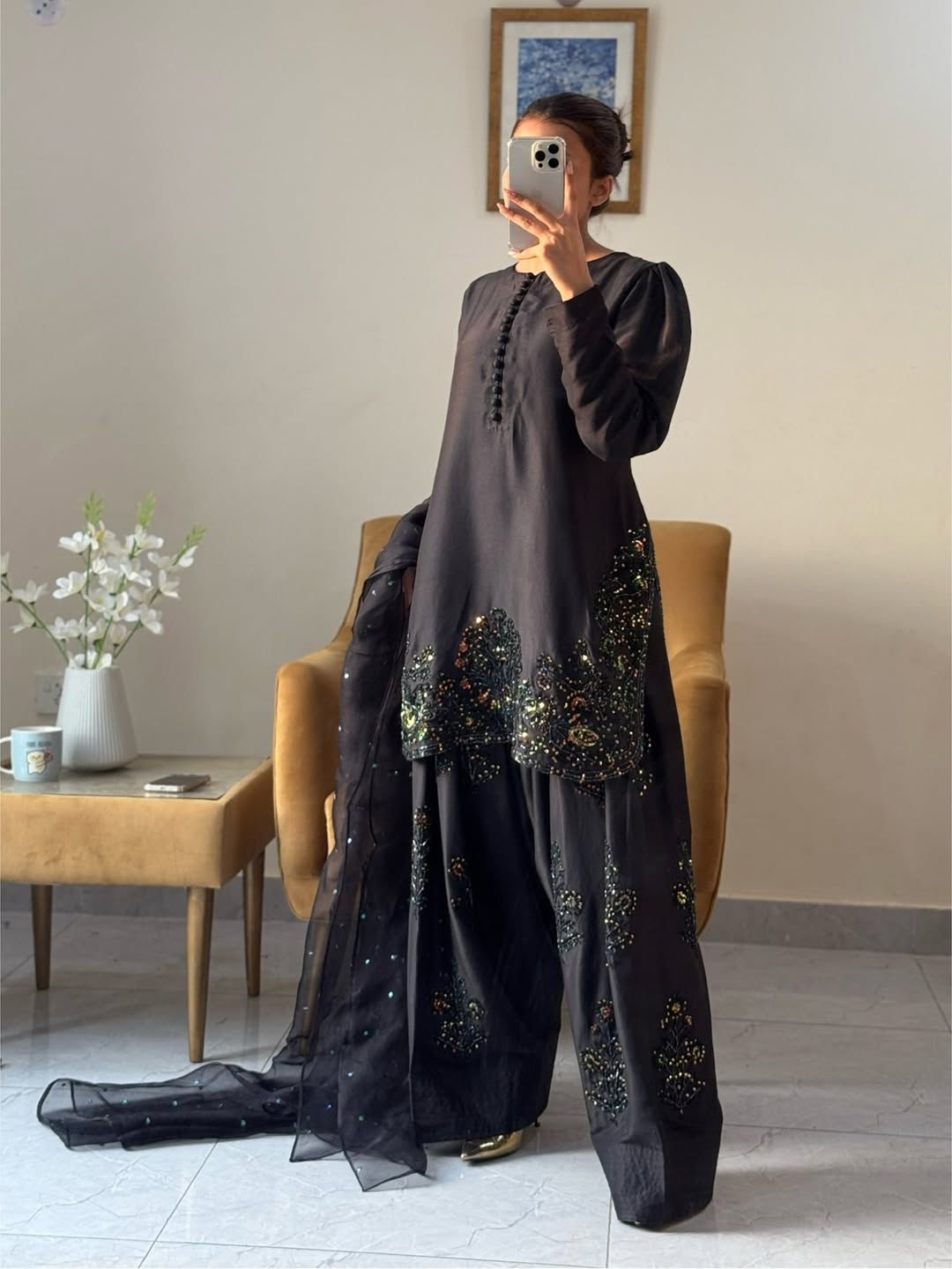 Black Natural Crep Silk Embroidered Top, Farshi Pant & Dupatta Set – Ready-to-Wear Party & Wedding Ensemble
