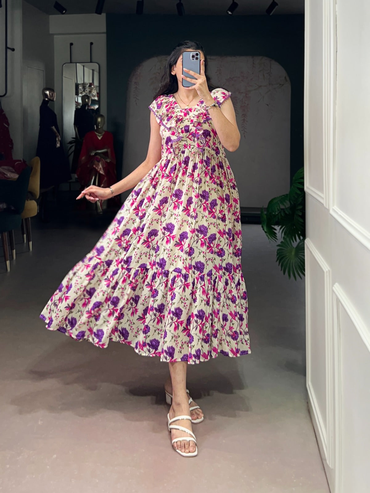 Women’s Maslin Silk Floral Print Frock – Stitched Party Wear Dress with Elegant Flair