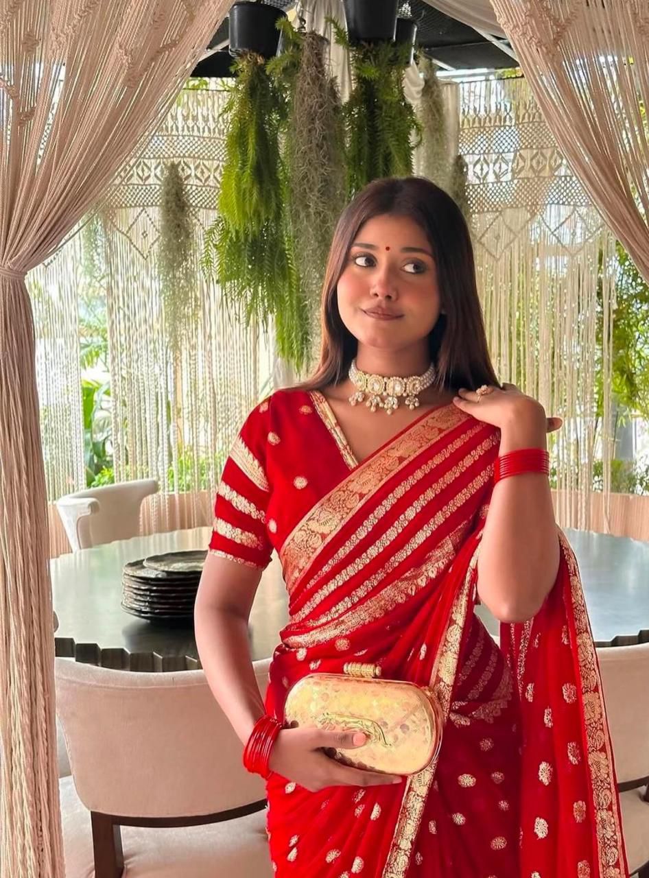 Red Viscose Georgette Saree with Pure Jacquard Zari Weaving & Running Blouse