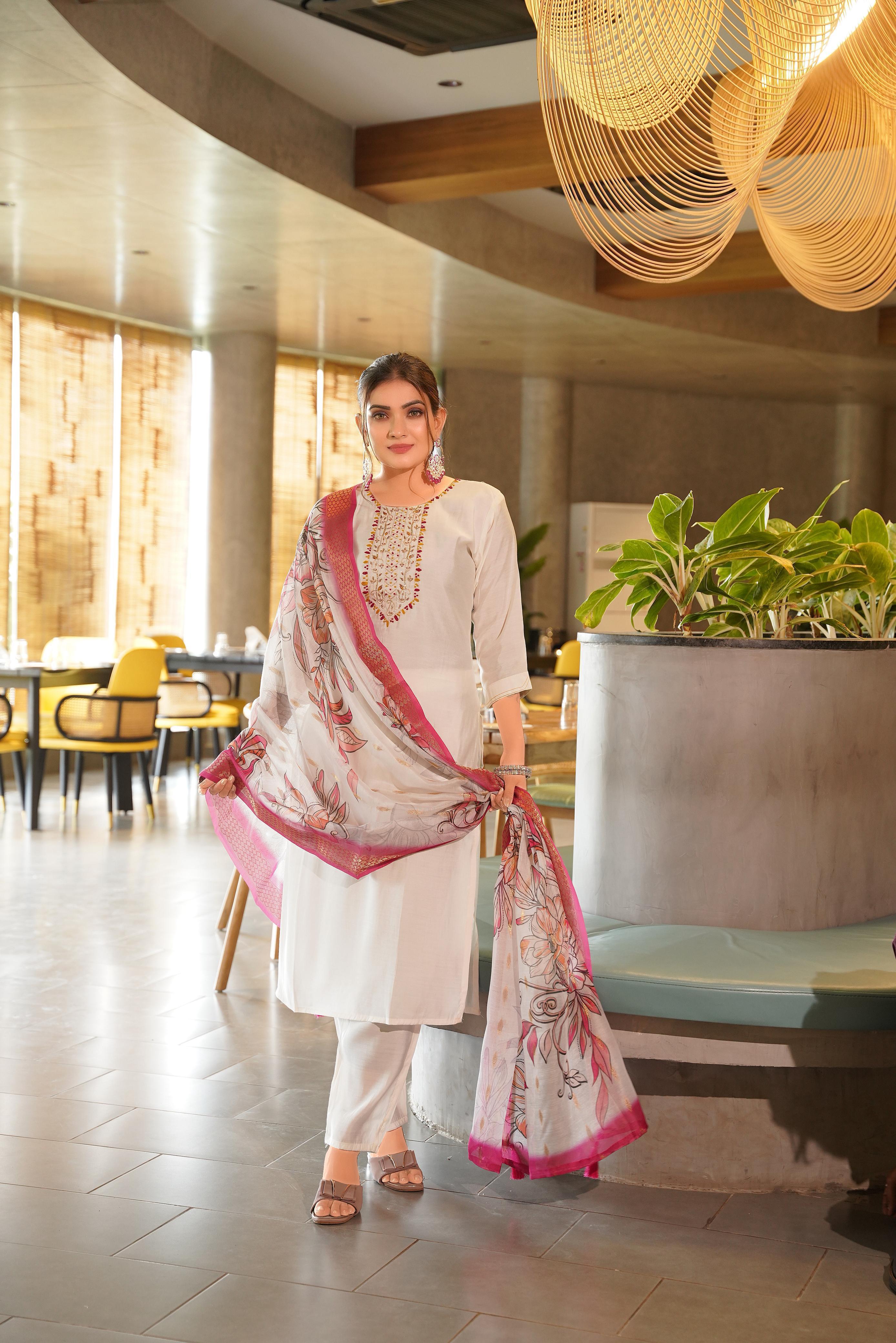 Women’s Handwork Roman Silk Kurti Set with Chanderi Digital Print Dupatta – 3 Piece Ethnic Ensemble