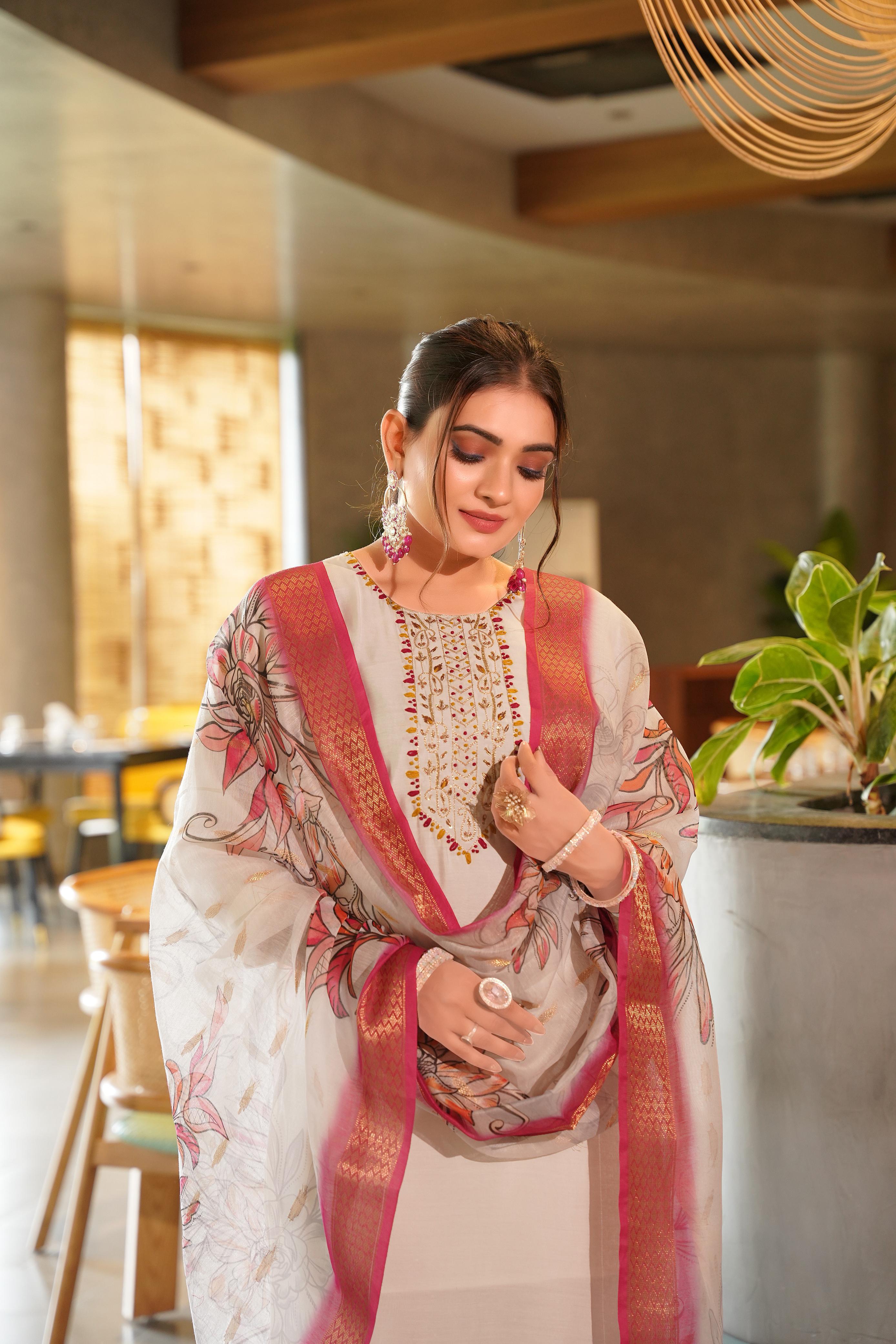 Women’s Handwork Roman Silk Kurti Set with Chanderi Digital Print Dupatta – 3 Piece Ethnic Ensemble