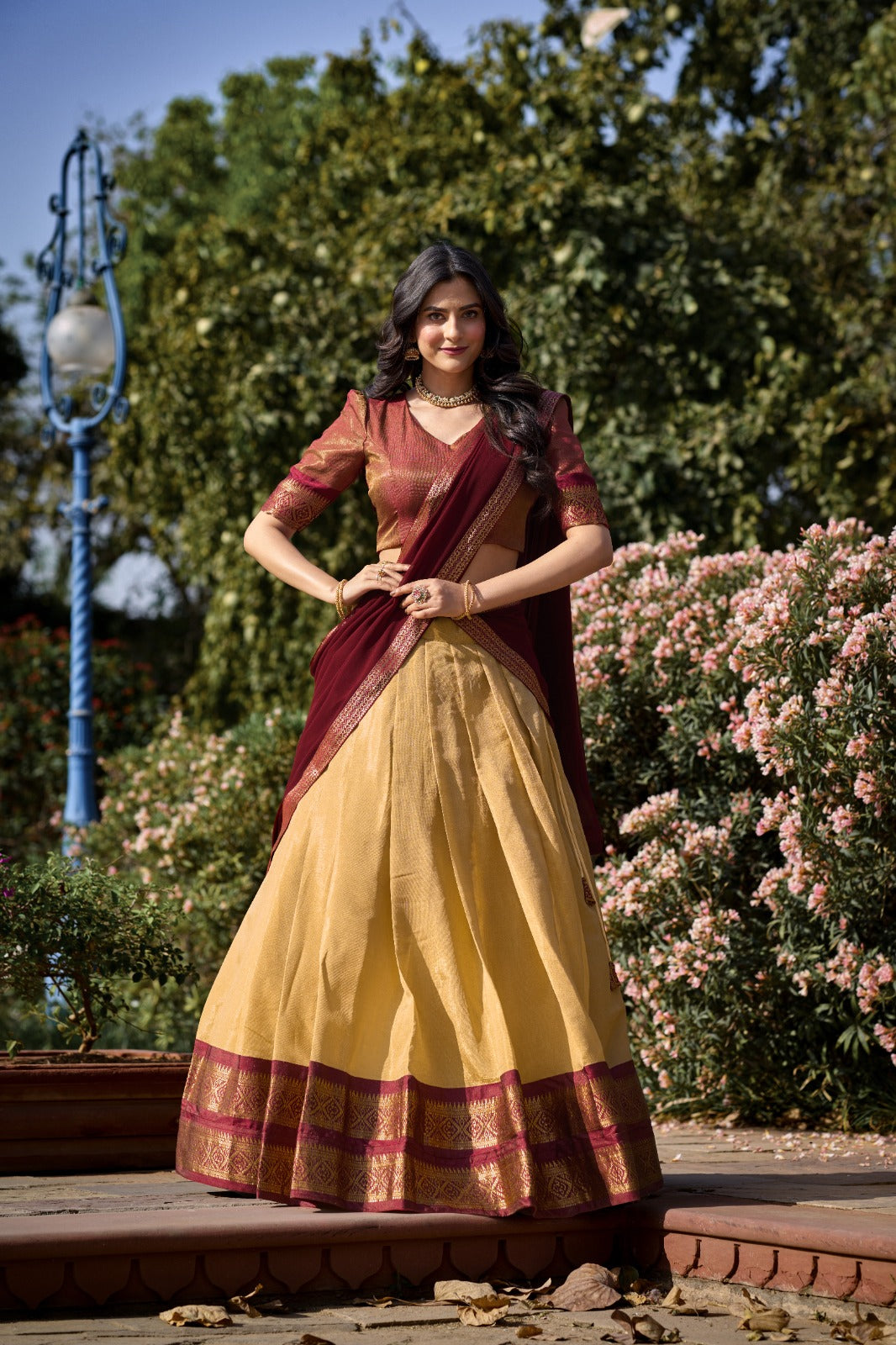 Maroon & Cream Kanchipuram Silk Lehenga with Zari Weaving and Georgette Dupatta