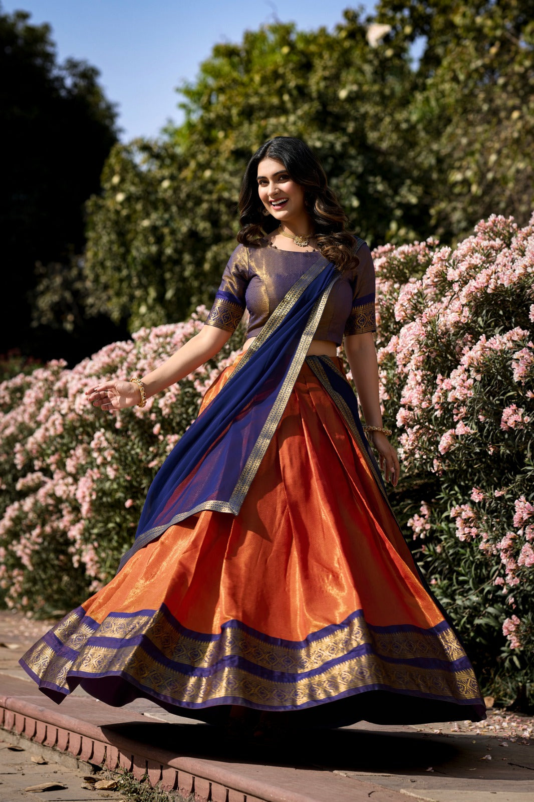 Blue & Orange Kanchipuram Silk Lehenga with Zari Weaving and Georgette Dupatta