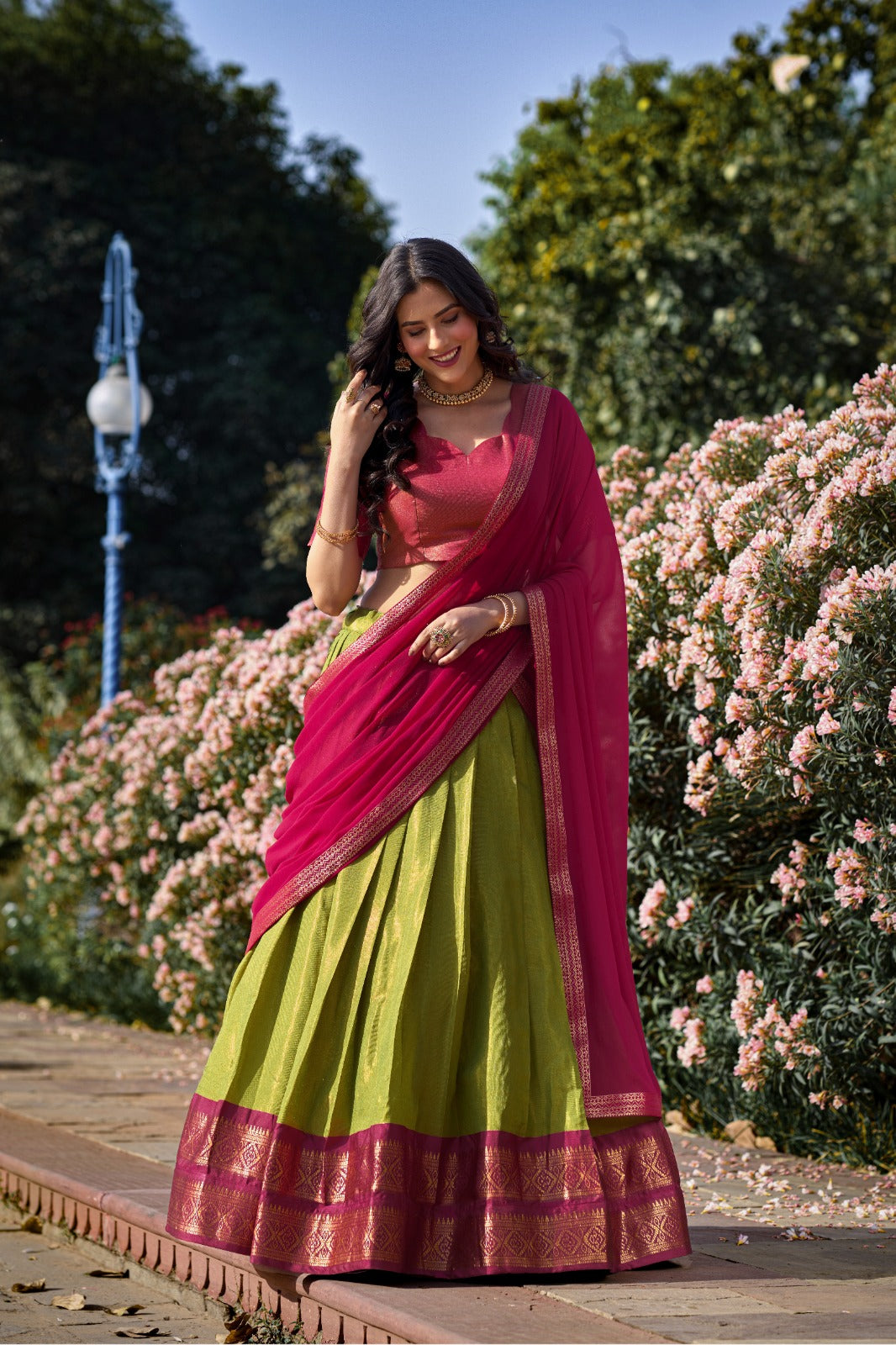Pink & Green Kanchipuram Silk Lehenga with Zari Weaving and Georgette Dupatta