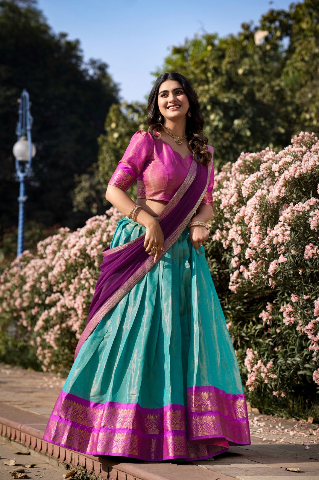 Pink & Rama Kanchipuram Silk Lehenga with Zari Weaving and Georgette Dupatta