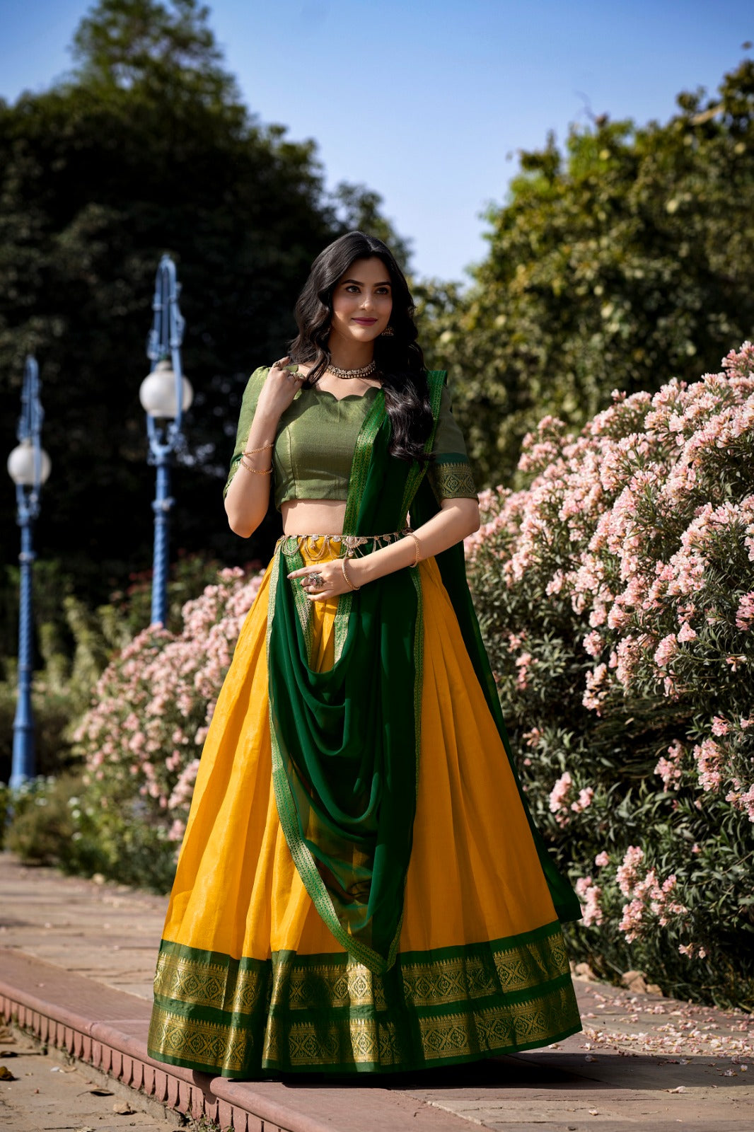 Green & Yellow Kanchipuram Silk Lehenga with Zari Weaving and Georgette Dupatta
