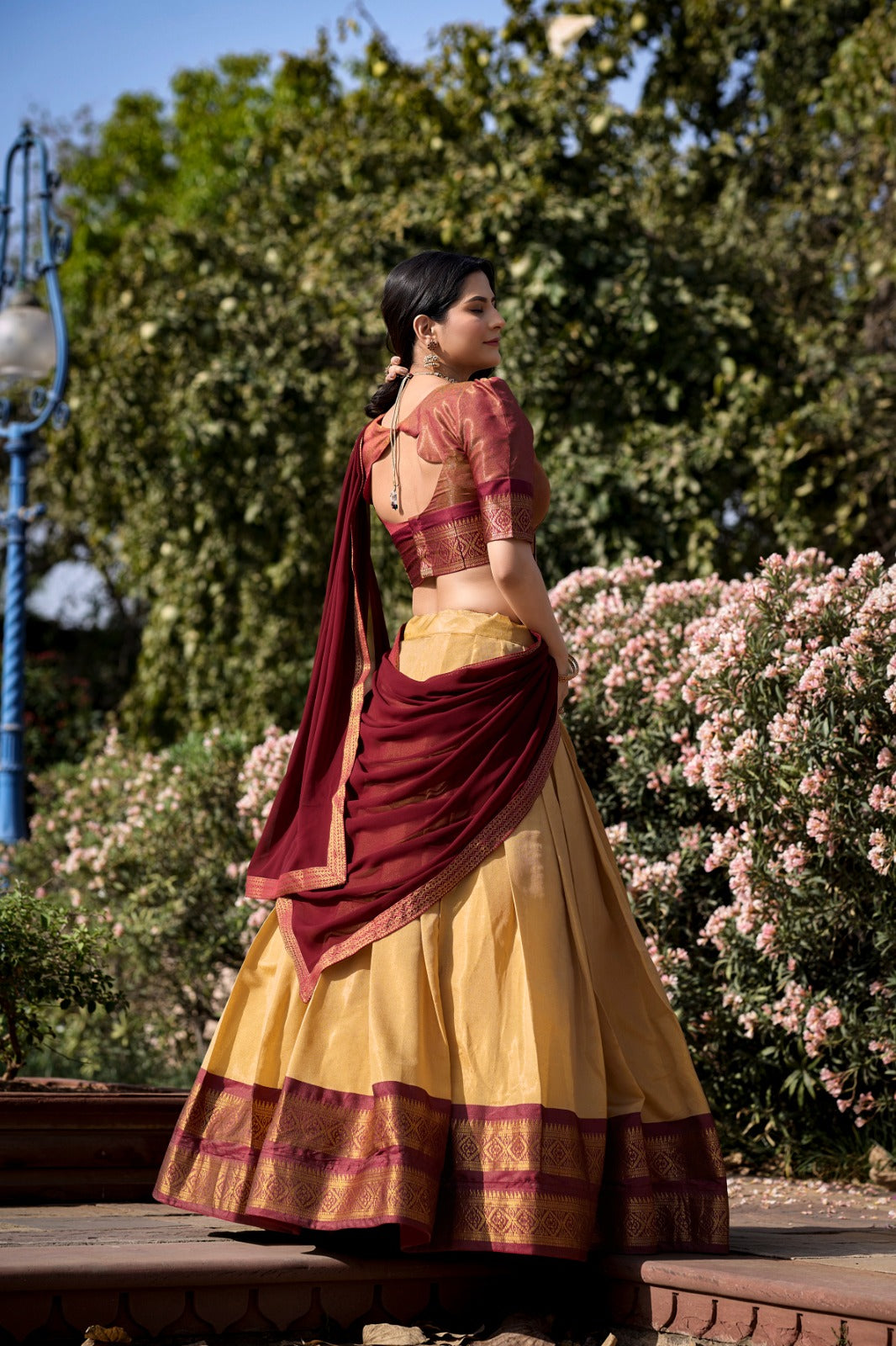 Maroon & Cream Kanchipuram Silk Lehenga with Zari Weaving and Georgette Dupatta