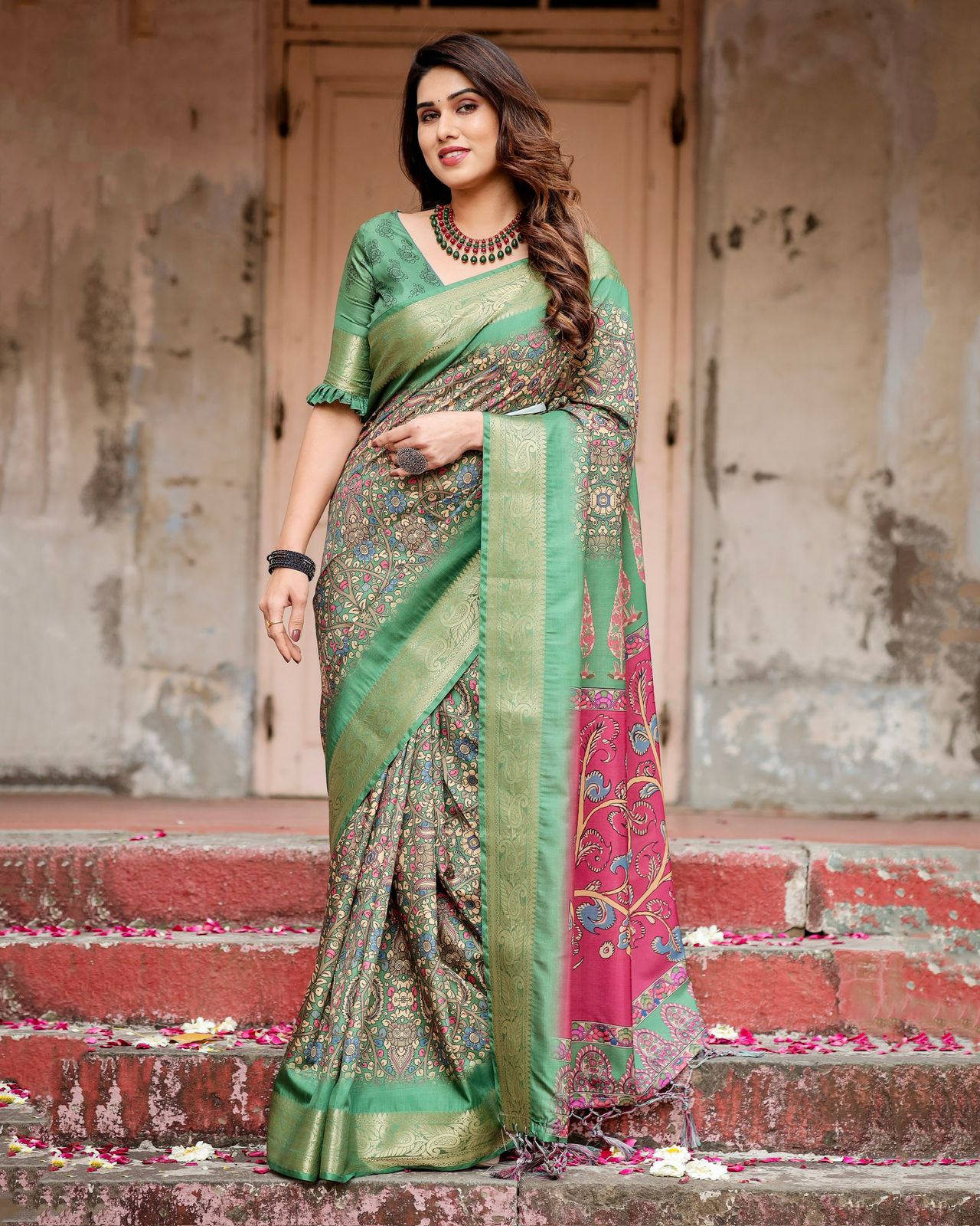 Royal Green Tussar Silk Saree with Gold Zari Border & Magenta Pallu