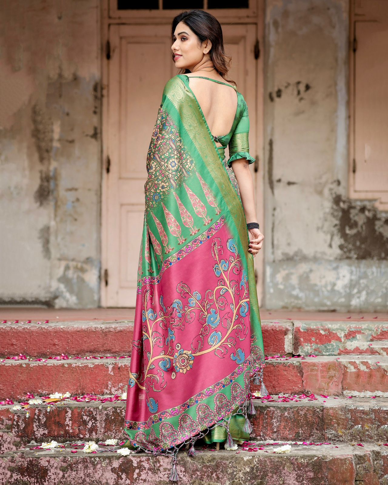 Royal Green Tussar Silk Saree with Gold Zari Border & Magenta Pallu
