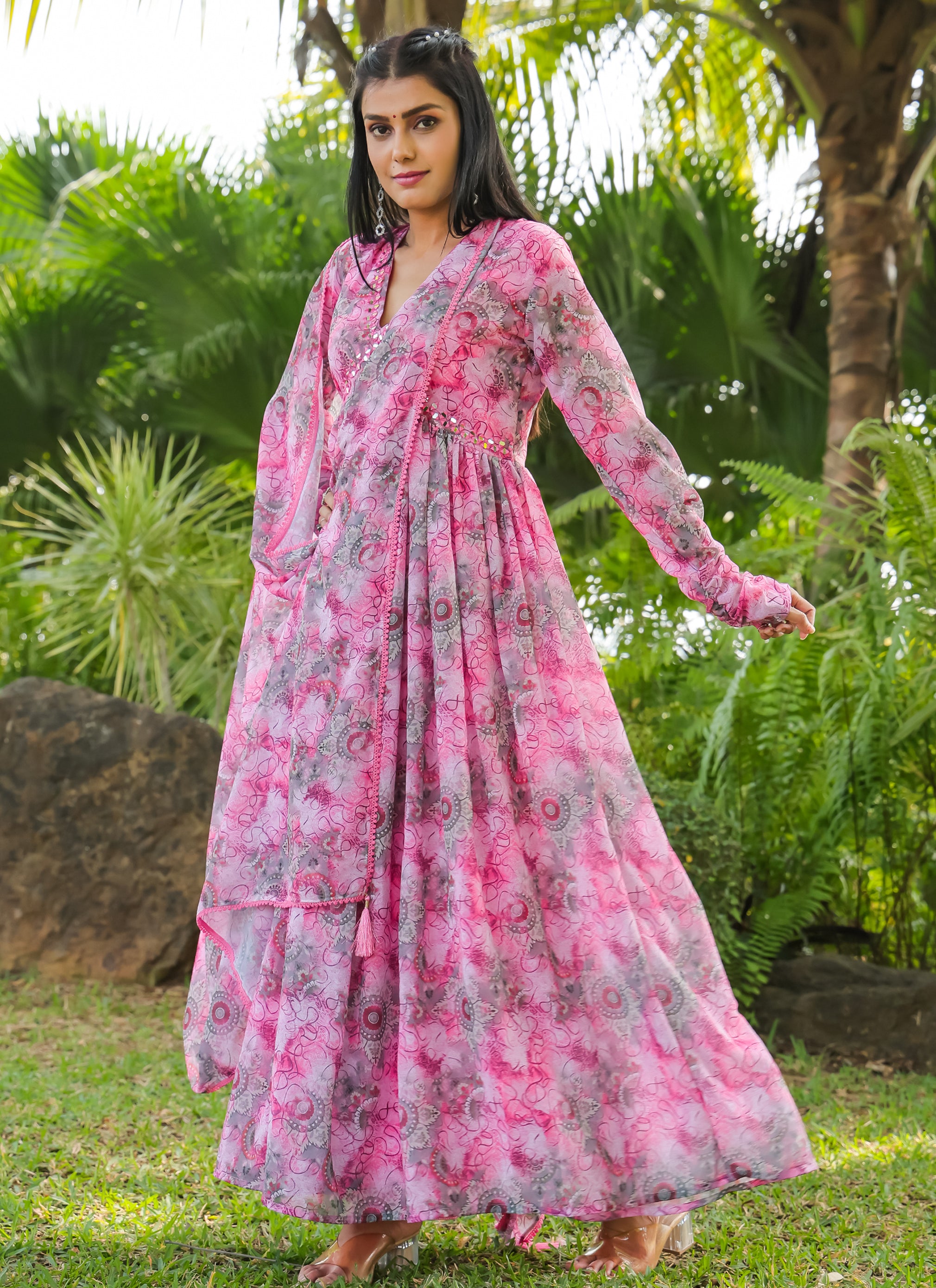 Pink Floral Printed Georgette Gown with Dupatta