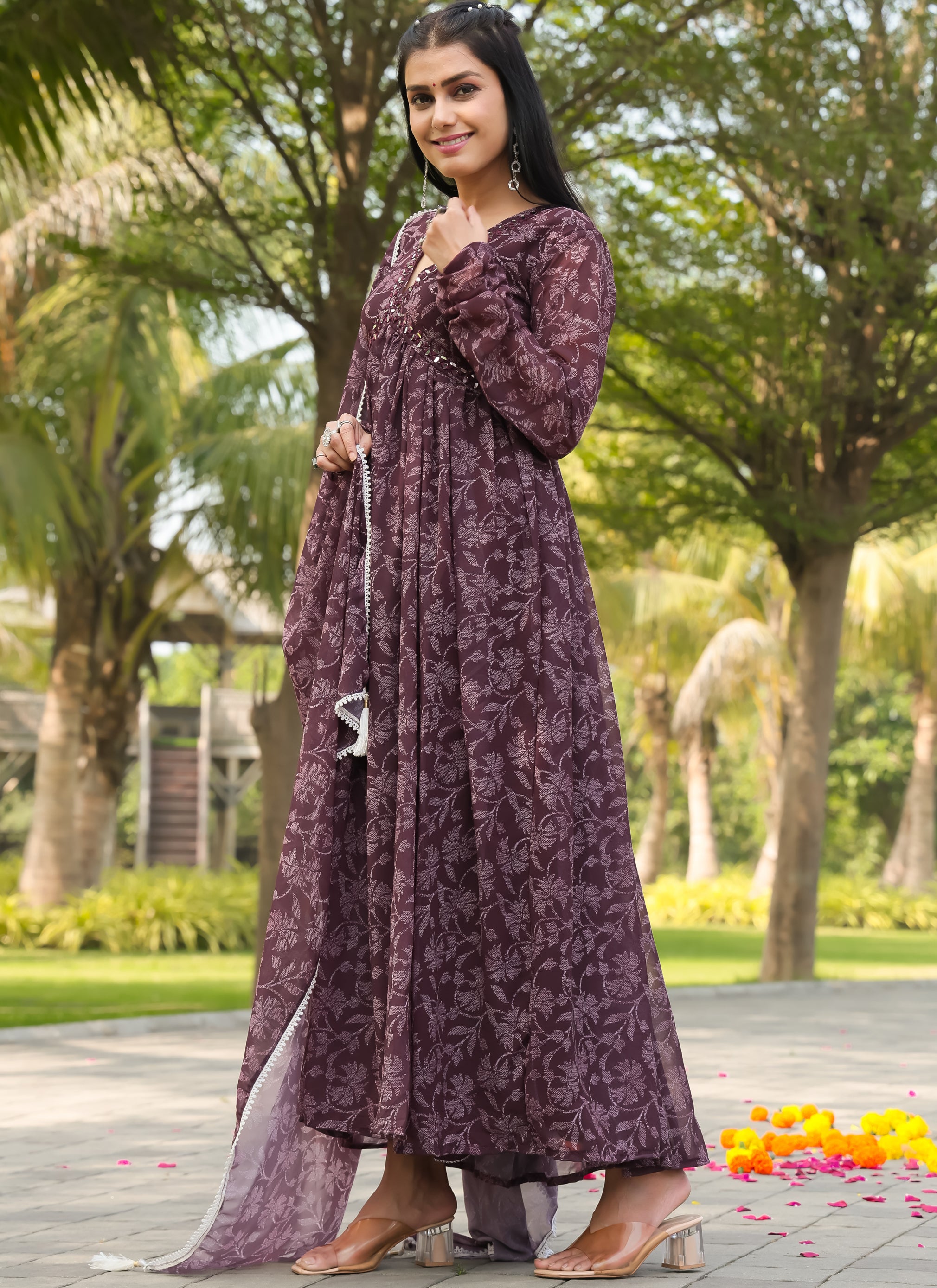 Purple Floral Printed Georgette Gown with Dupatta