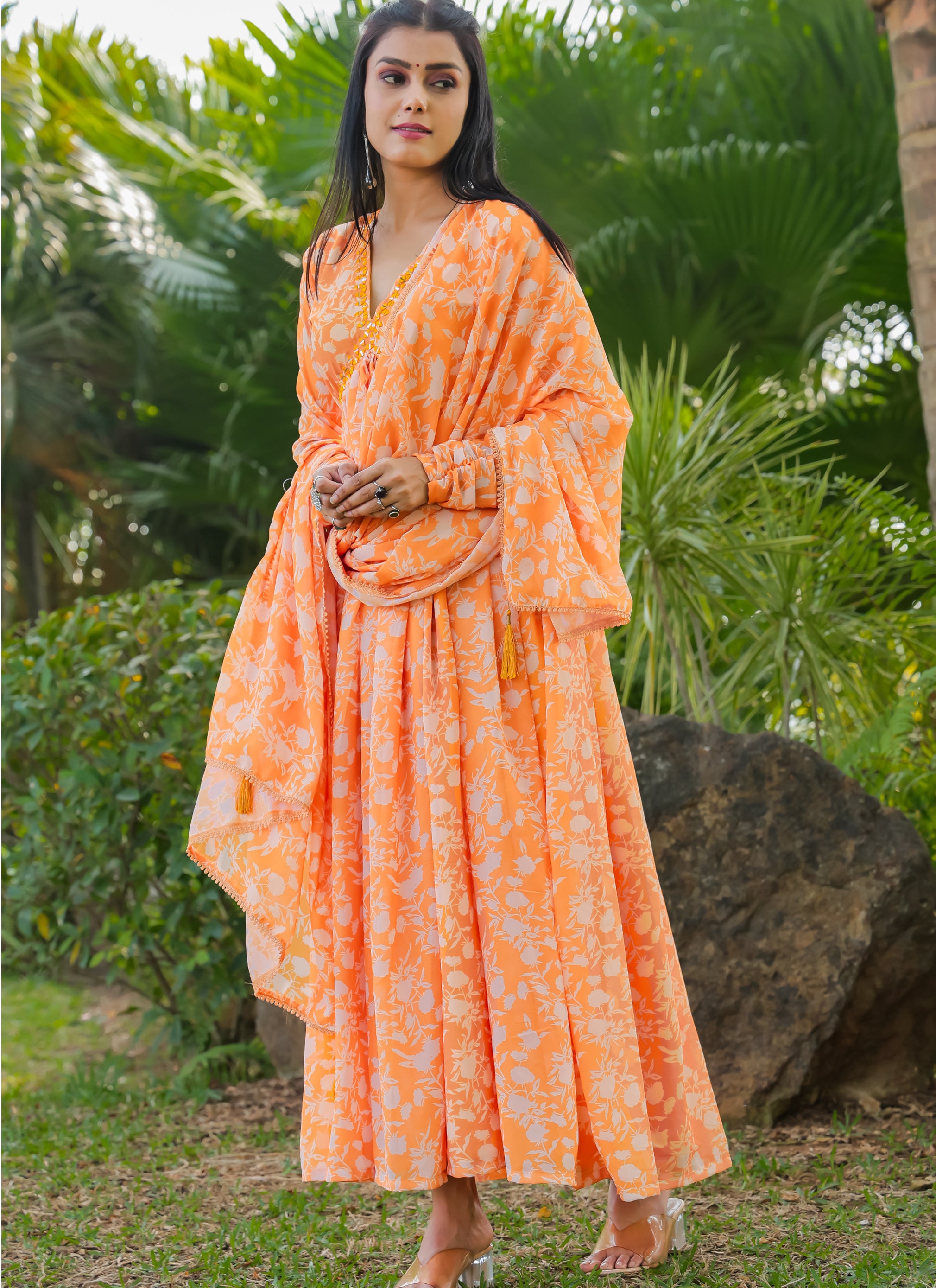 Orange Floral Printed Georgette Gown with Dupatta