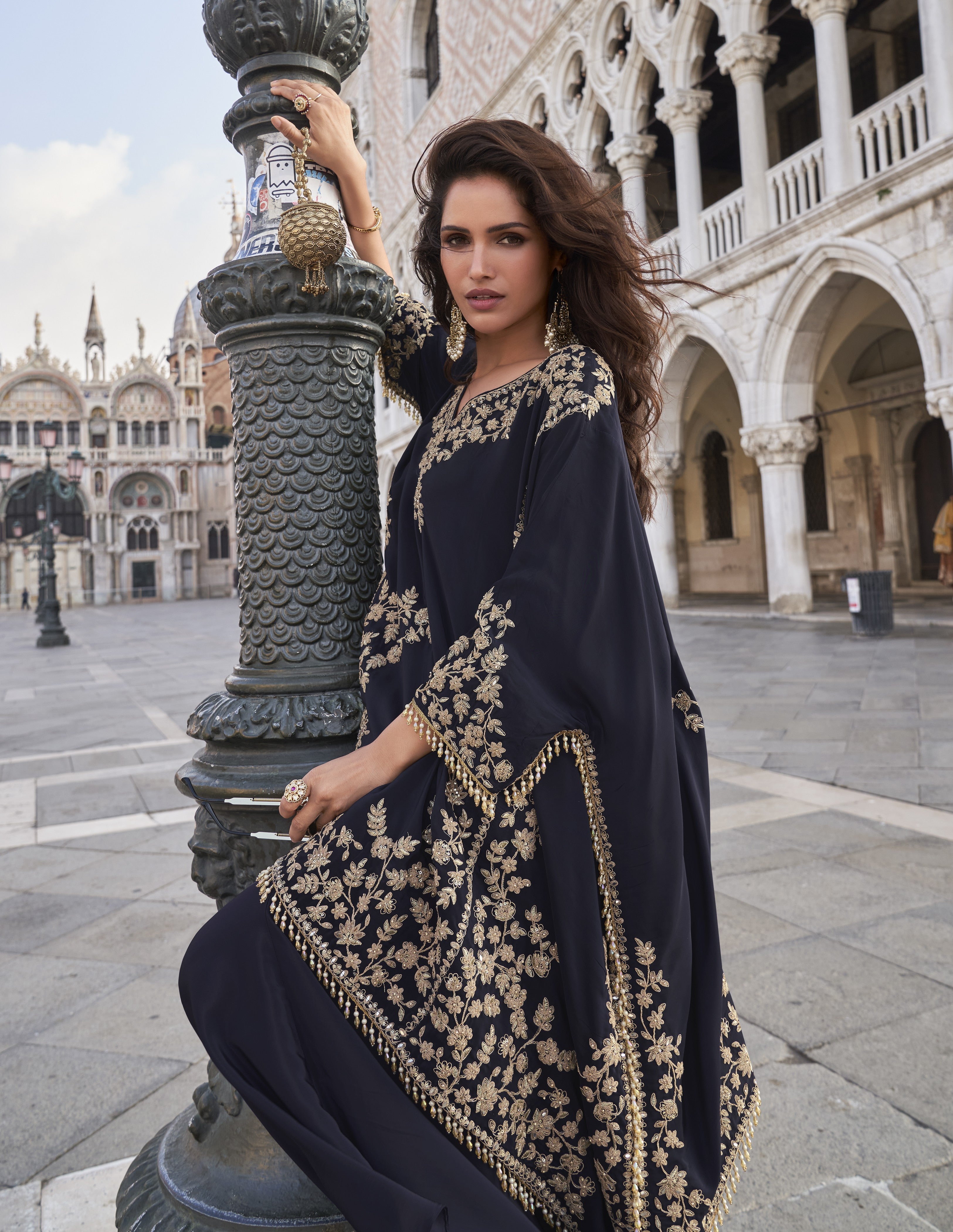 Black Real Premium Crepe Palazzo Suit with Beads Embroidery & Blouse