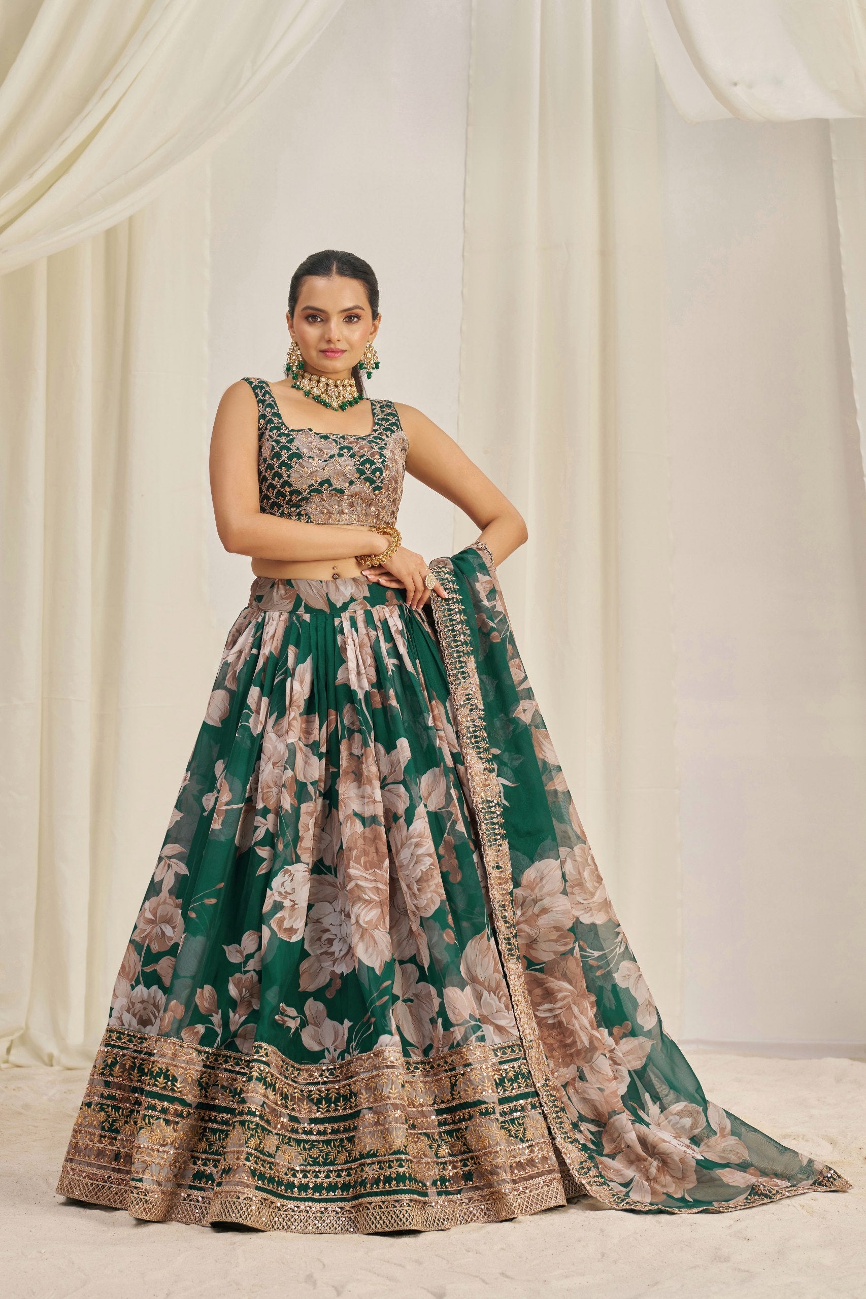 Floral Digital Print Organza Lehenga with Zari & Sequins Work | Aakriti Couture