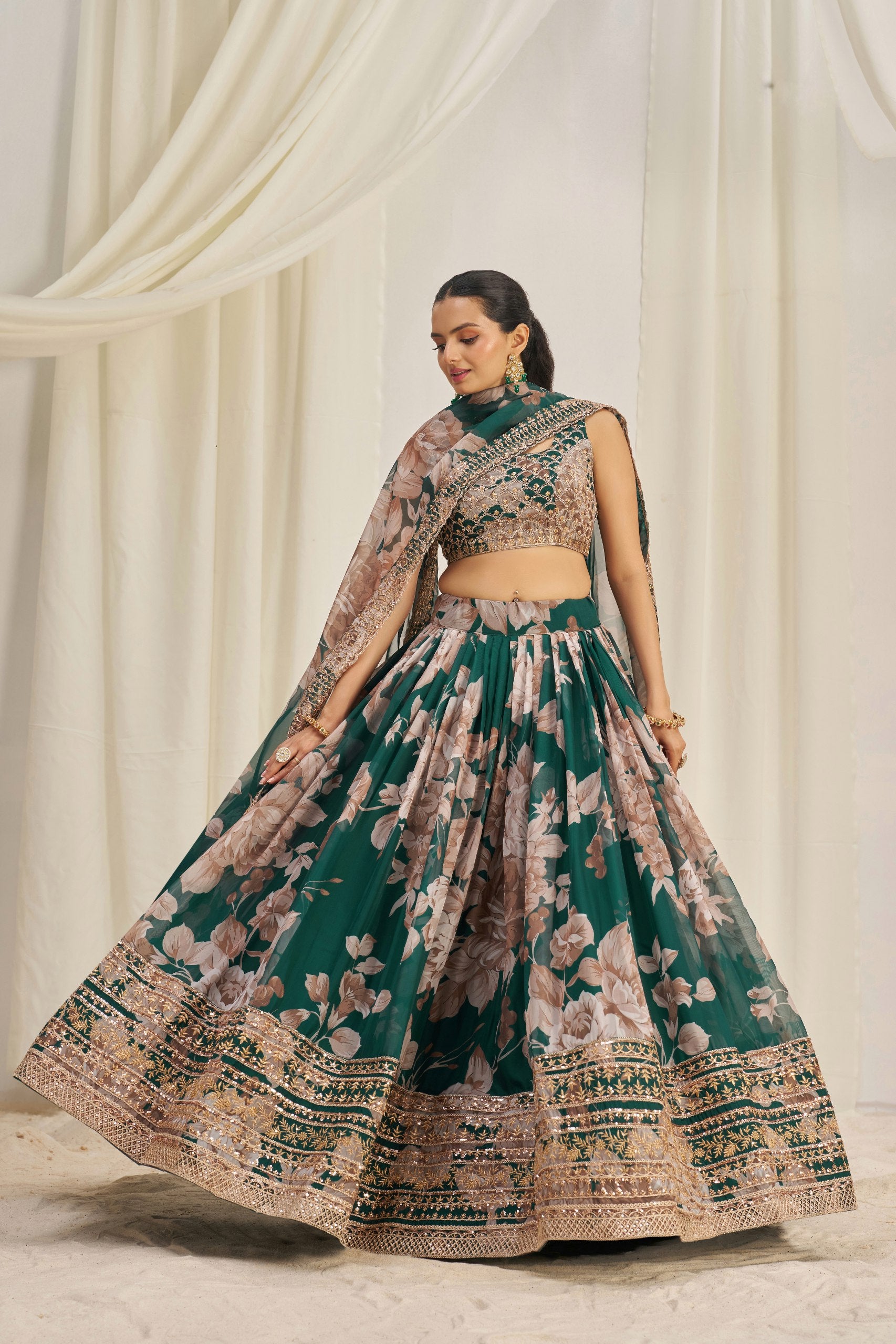 Floral Digital Print Organza Lehenga with Zari & Sequins Work | Aakriti Couture