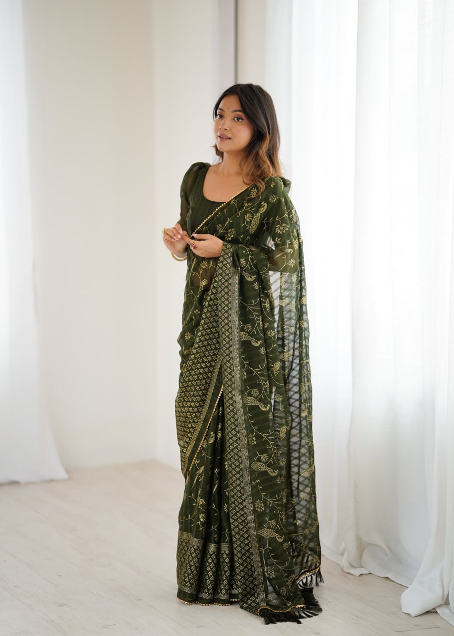Georgette Patta Saree with Foil Work, Lace & Zalar Border