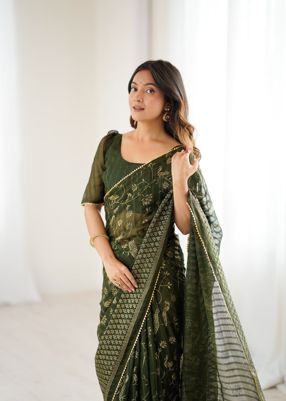 Georgette Patta Saree with Foil Work, Lace & Zalar Border