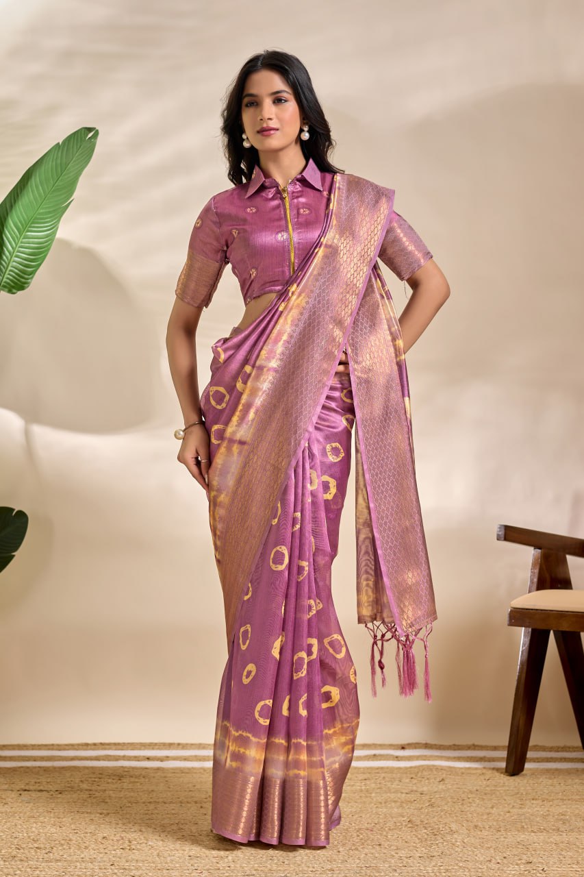 Mauve Soft Silk Blend Saree with Golden Tie-Dye & Zari Detailing