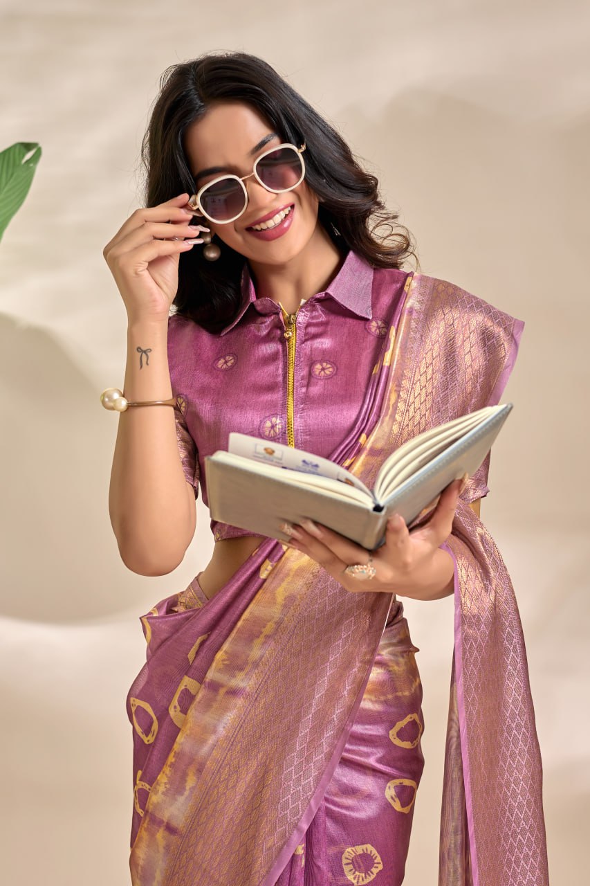 Mauve Soft Silk Blend Saree with Golden Tie-Dye & Zari Detailing