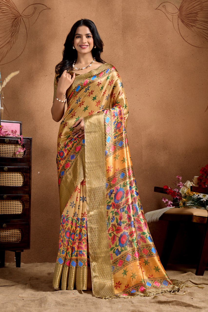Golden Soft Silk Blend Saree with Multicolor Floral & Geometric Weave