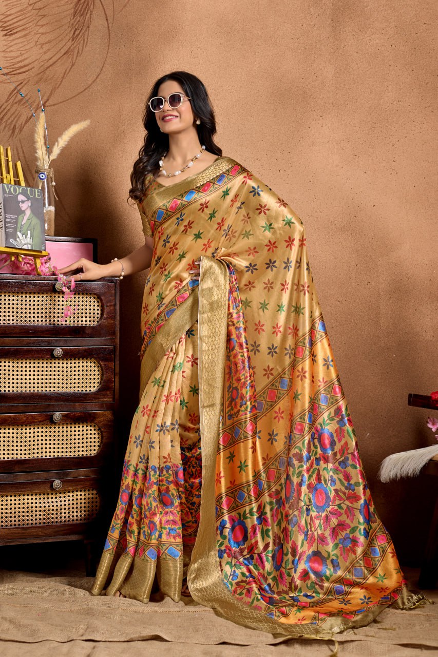 Golden Soft Silk Blend Saree with Multicolor Floral & Geometric Weave