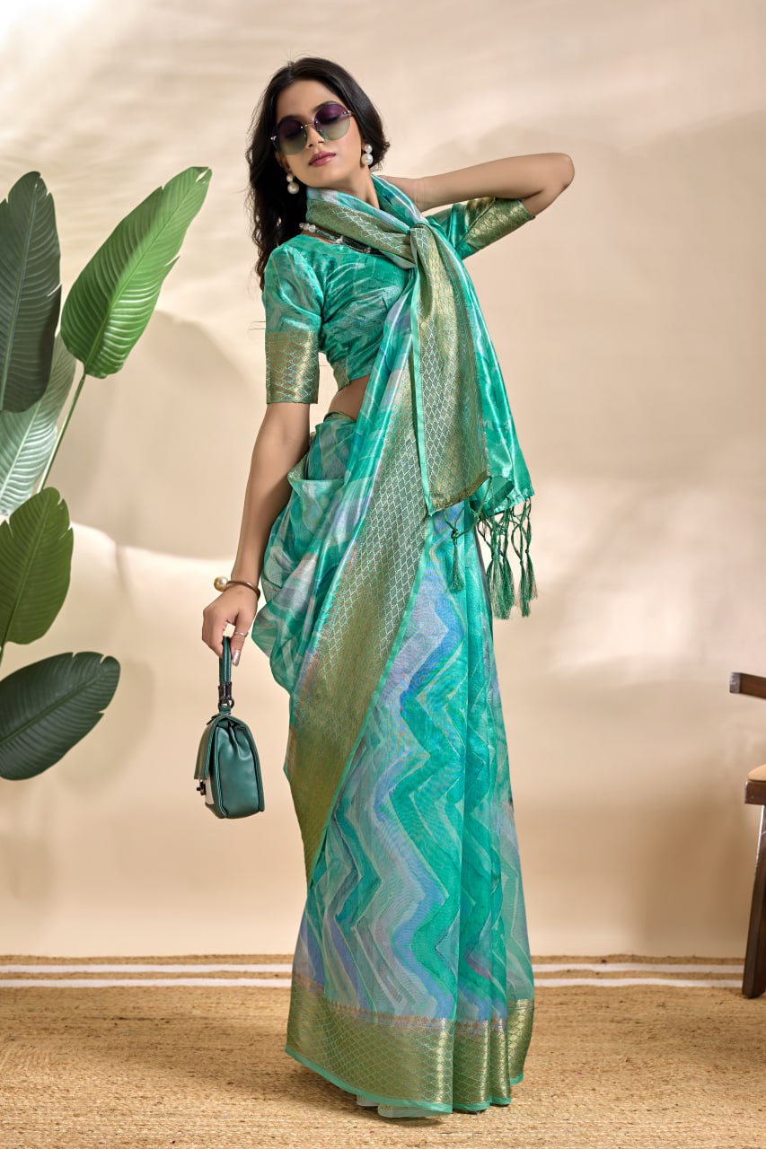 Sea Green Soft Silk Blend Saree with Subtle Wave Print & Zari Border