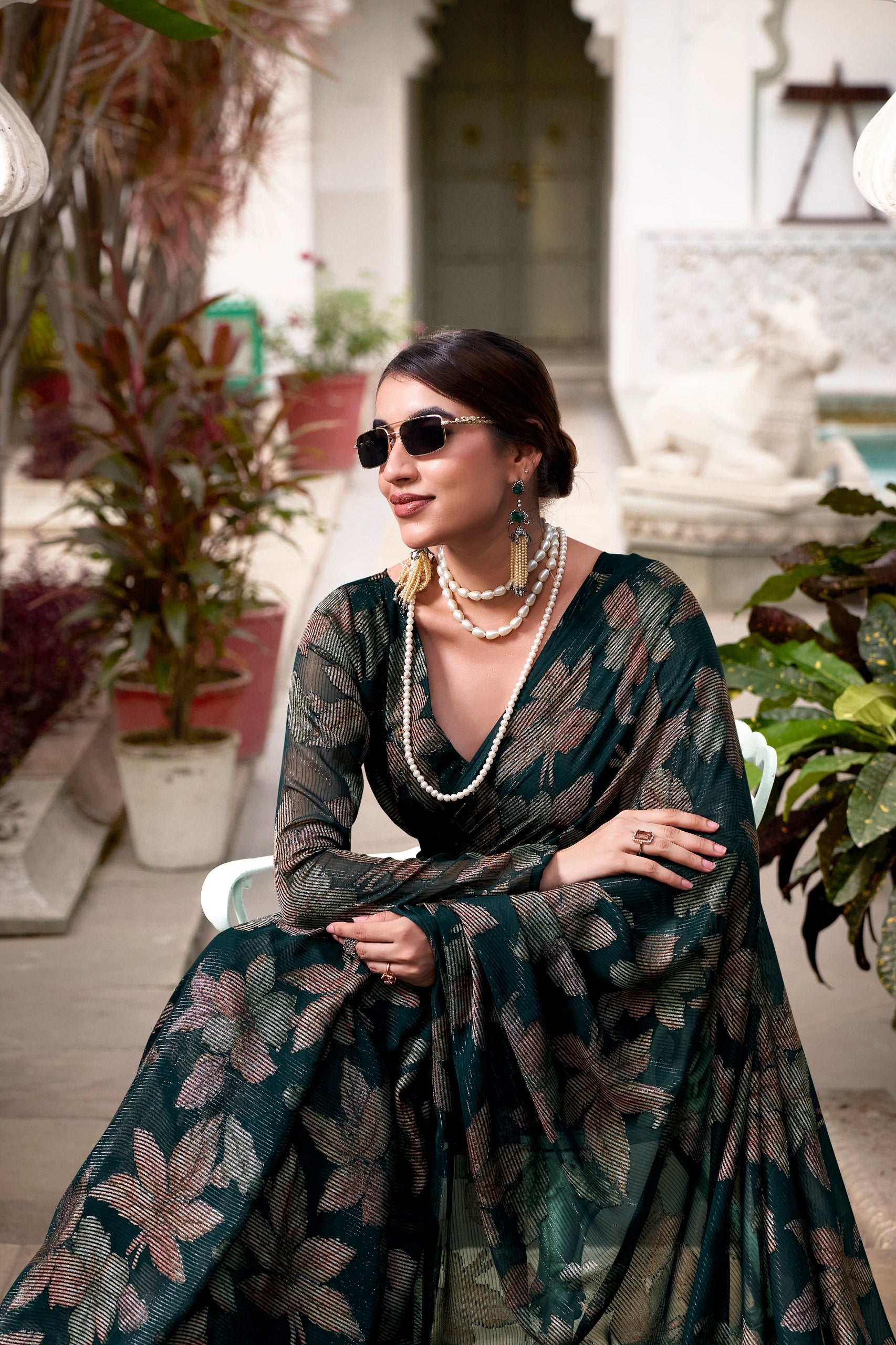 Floral Lurex Brasso Saree with Matching Blouse – Party & Festive Wear