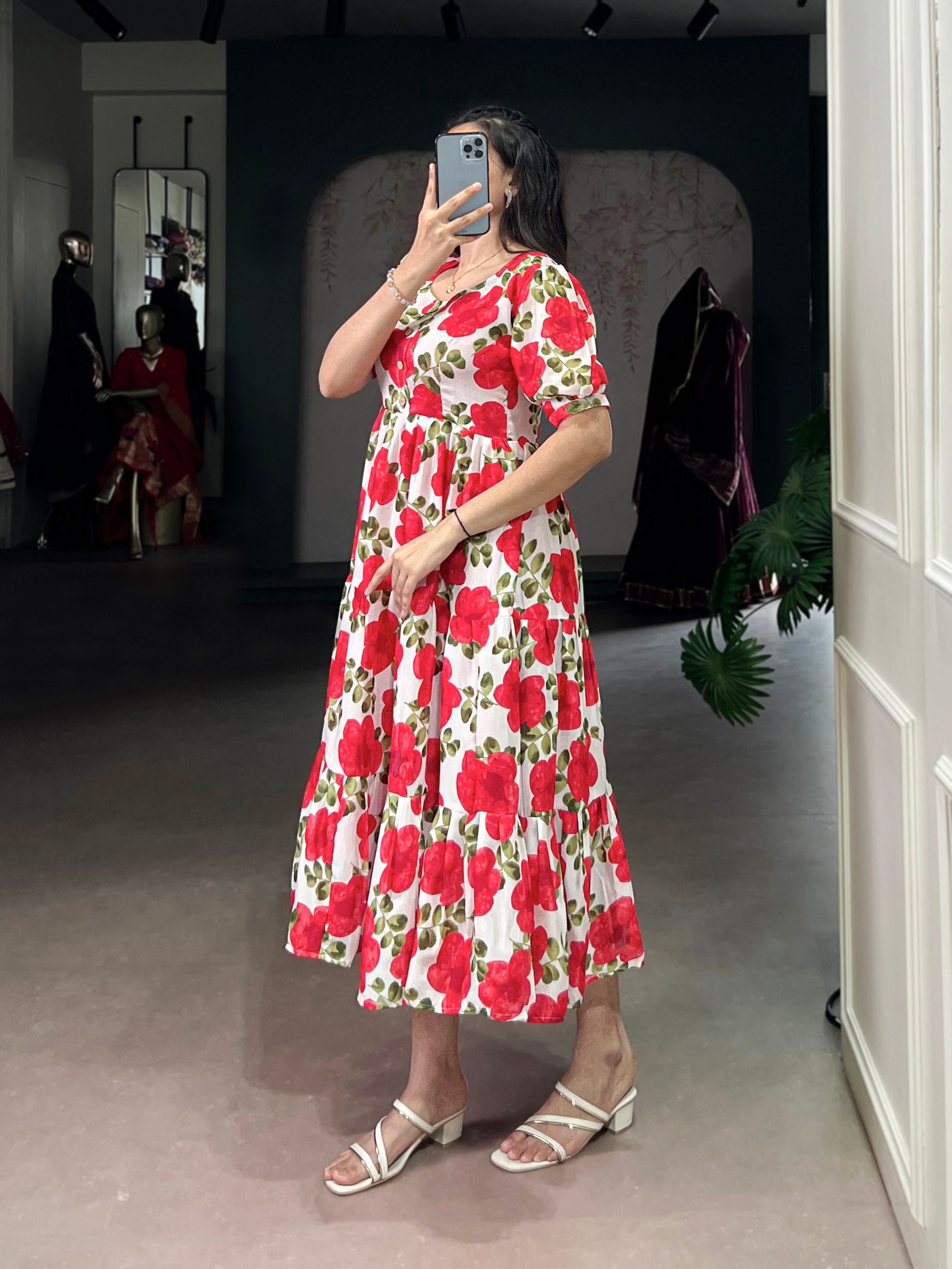 Elegant Vichitra Silk Floral Print Frock with 5 Meter Flair
