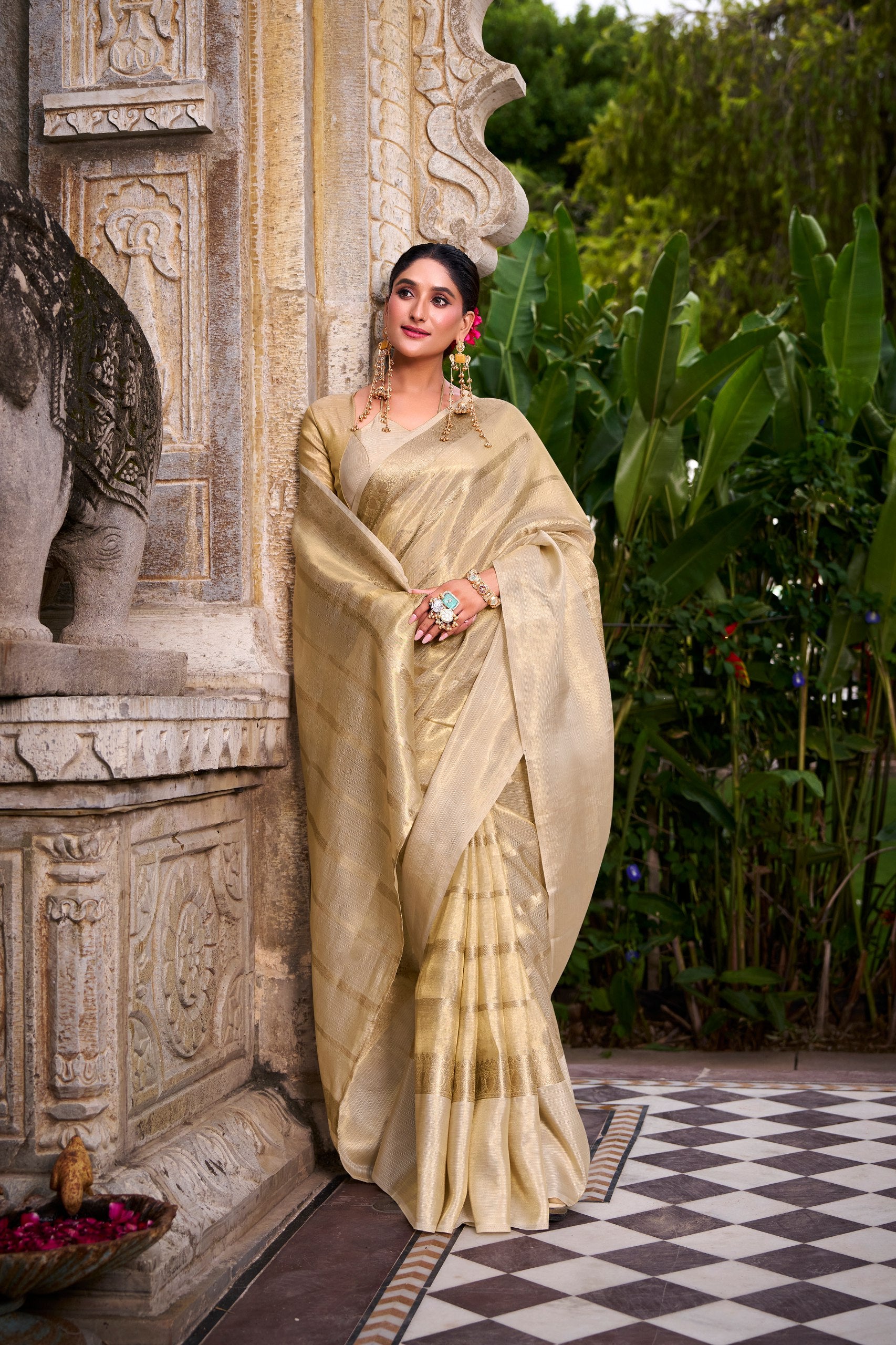 Royal Gold Tissue Saree with Zari Weaving & Unstitched Blouse | Aakriti Couture