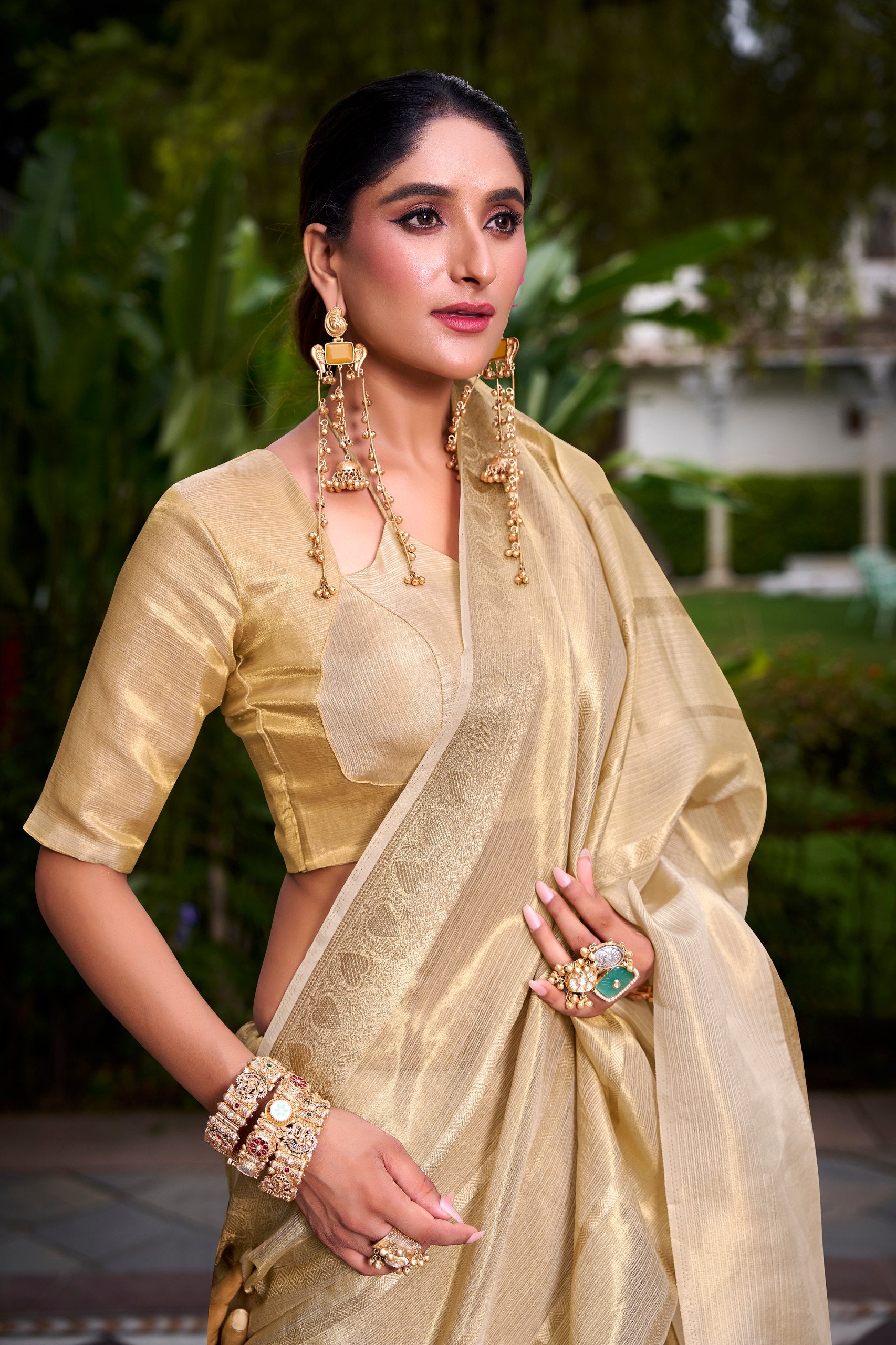 Royal Gold Tissue Saree with Zari Weaving & Unstitched Blouse | Aakriti Couture