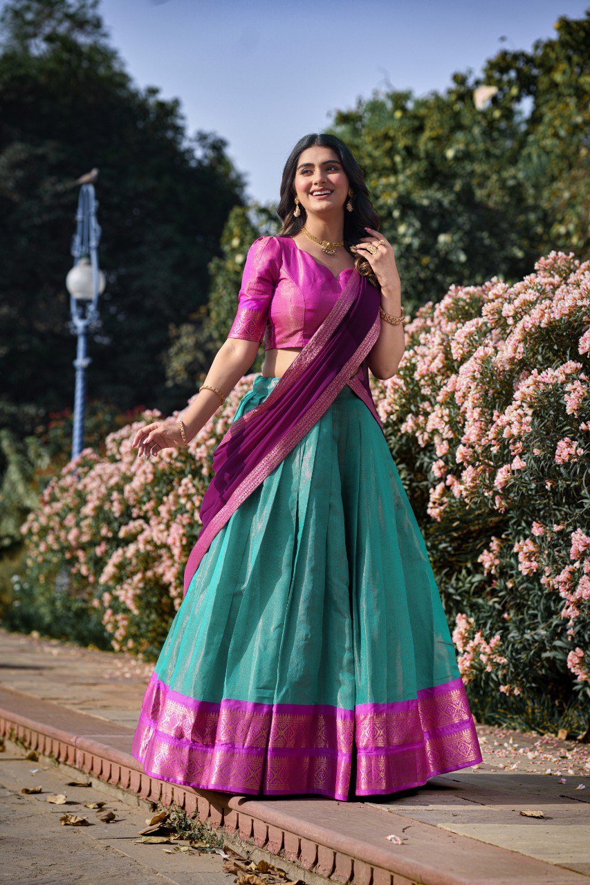 Pink & Rama Kanchipuram Silk Lehenga with Zari Weaving and Georgette Dupatta