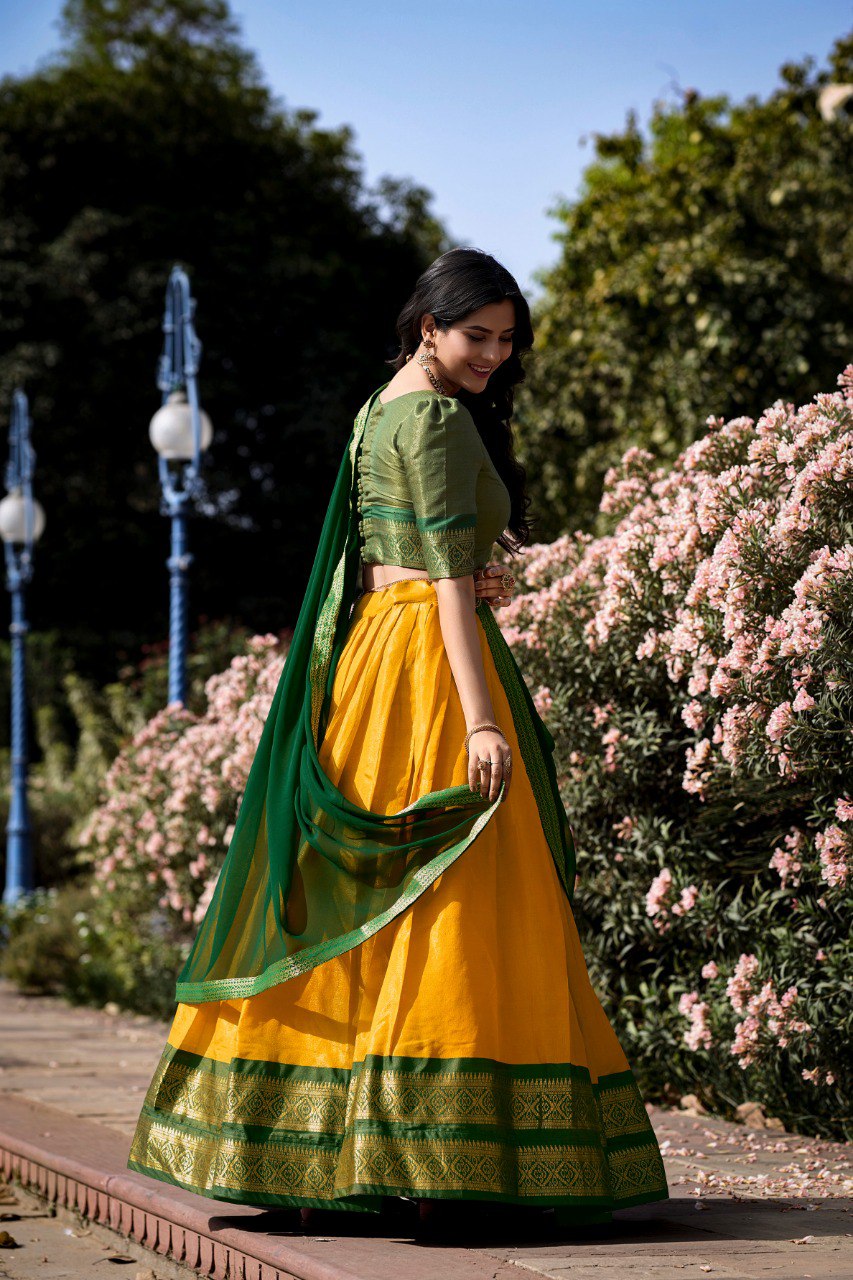 Green & Yellow Kanchipuram Silk Lehenga with Zari Weaving and Georgette Dupatta