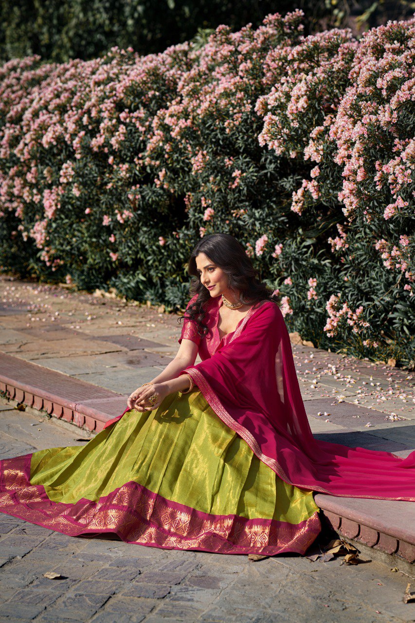 Pink & Green Kanchipuram Silk Lehenga with Zari Weaving and Georgette Dupatta