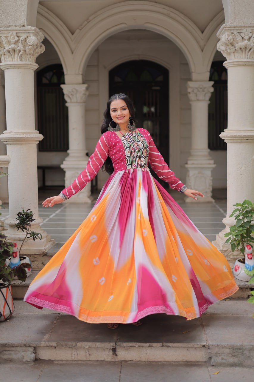 Bandhej Print with Gamthi Embroidery & Mirror Work - Navratri Gown Collection 2025